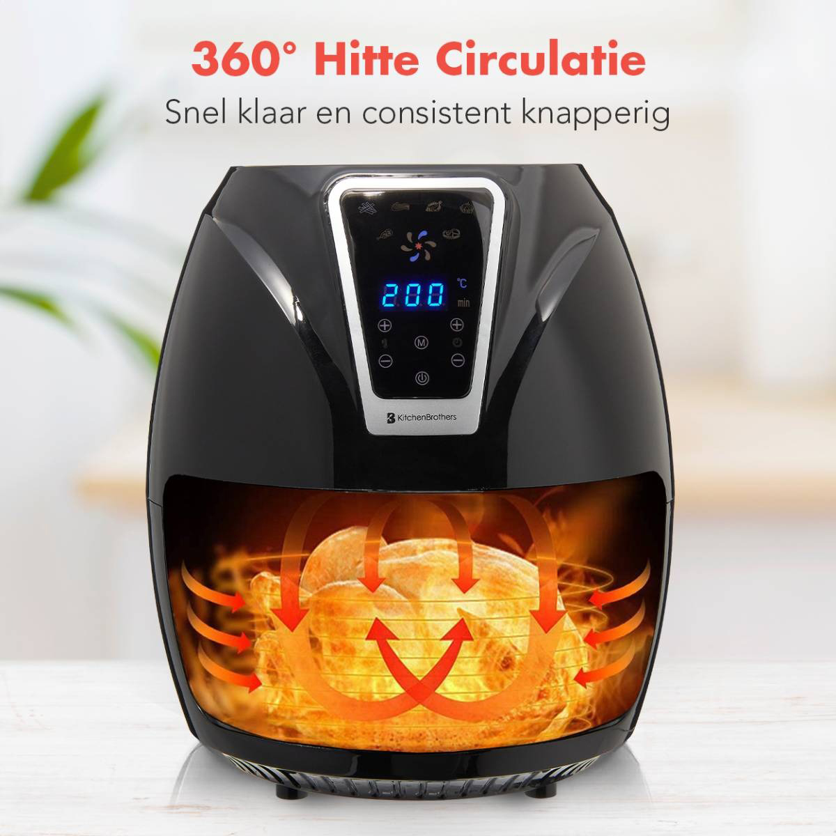 Zwarte airfryer met tekst erboven. Toont een kip die van binnen wordt gekookt met hittepijlen.