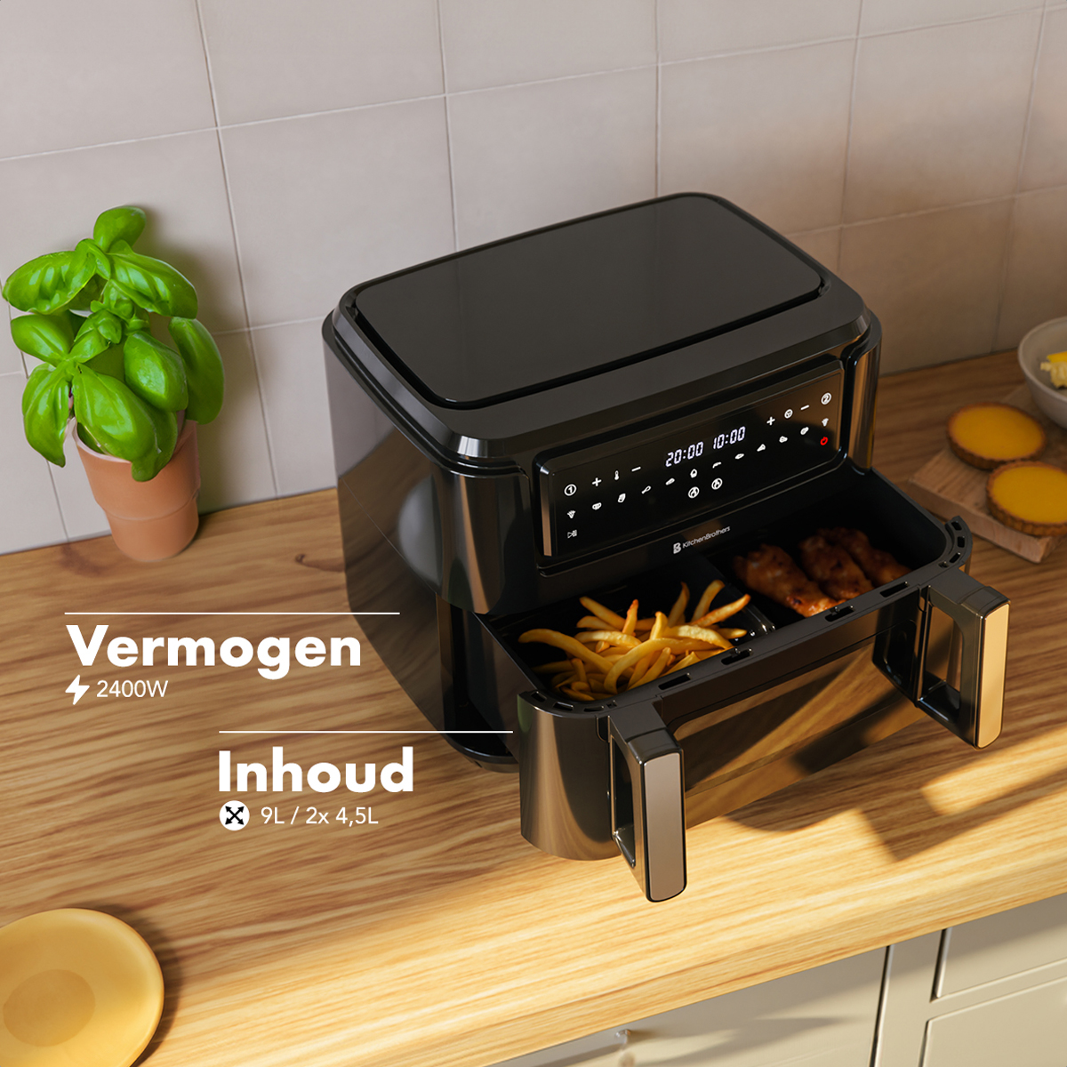 Black air fryer with fries and chicken, with text: Vermogen 2400W, Inhoud 9L/2x4,5L.