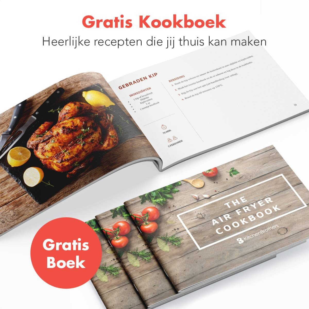 Kookboek open bij recept gebraden kip. 'Gratis Kookboek' banner en rood boek.