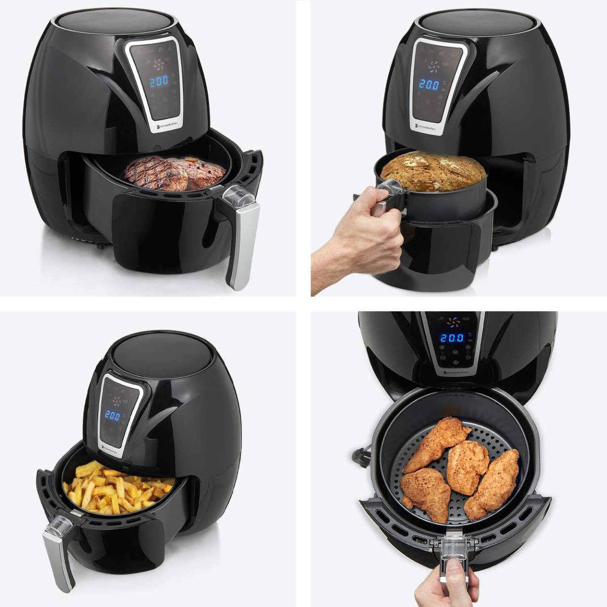 Zwarte airfryer met eten erin. Verschillende opnames laten het koken zien.
