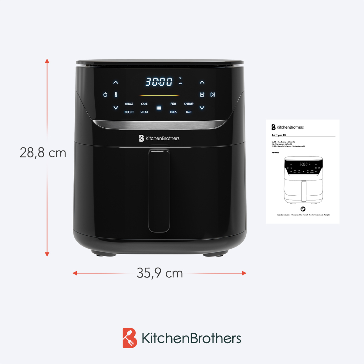 Black air fryer with dimensions and a manual.