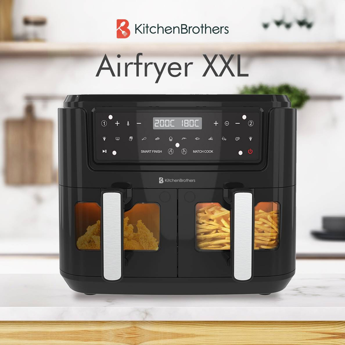 A black air fryer with two compartments. The front shows the controls and the food inside the units.