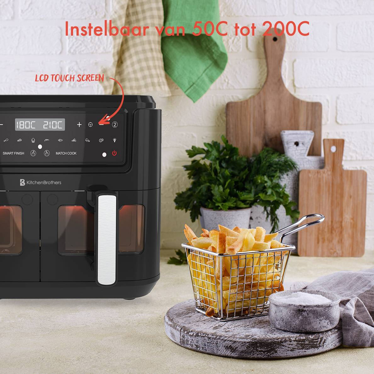 Black air fryer with digital display and food. Wooden countertop.