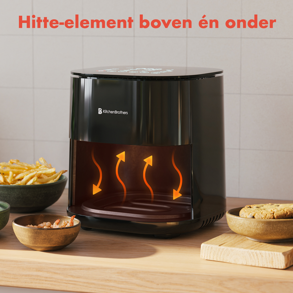 Black air fryer, with text above. Shows fries and cookies with heat arrows inside.