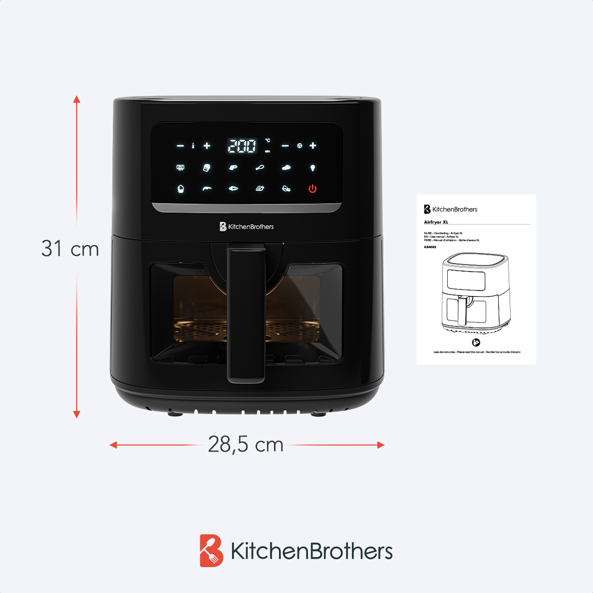 Black air fryer, dimensions and a manual. Dimensions: 31 cm, 28.5 cm.