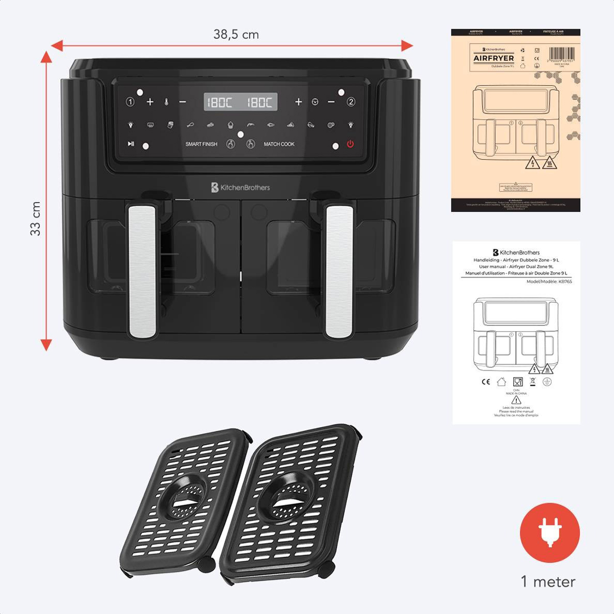 Black air fryer with dimensions. It includes a manual and two grilling racks. The brand is KitchenBrothers.