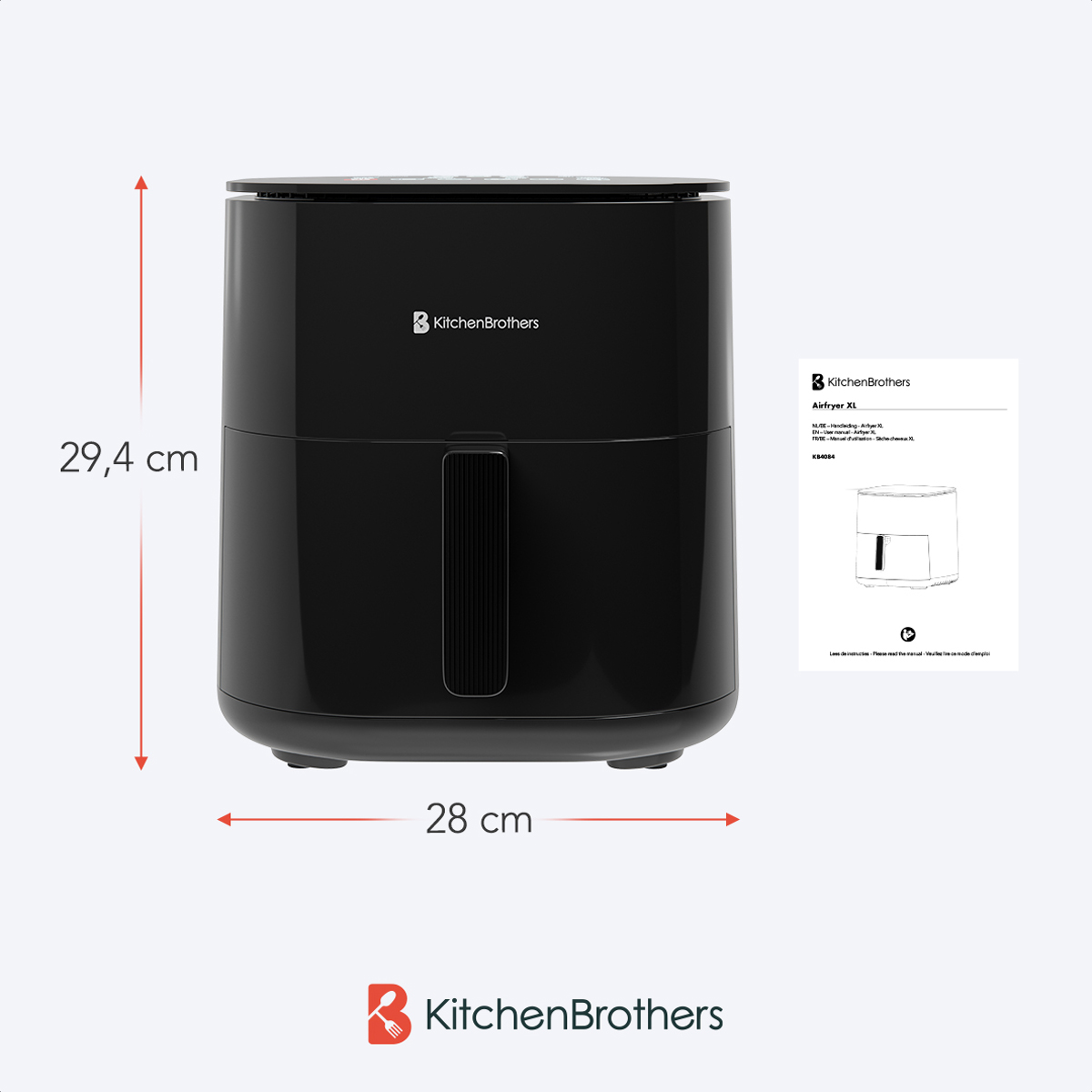 Black air fryer with dimensions and a manual.