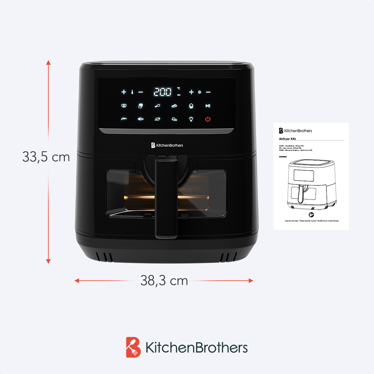 Black air fryer, dimensions shown. Text and a diagram of the product on a white background.