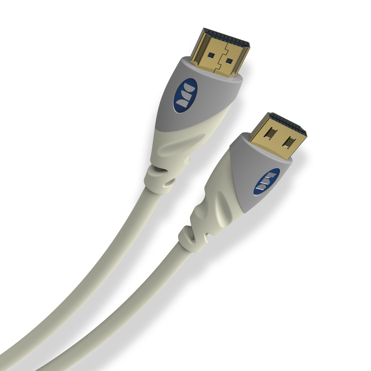 Dos cables HDMI blancos con detalles grises y azules sobre un fondo blanco.