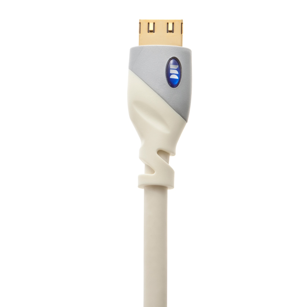 Un conector de cable HDMI con un diseño gris y blanco, y una luz azul iluminada.