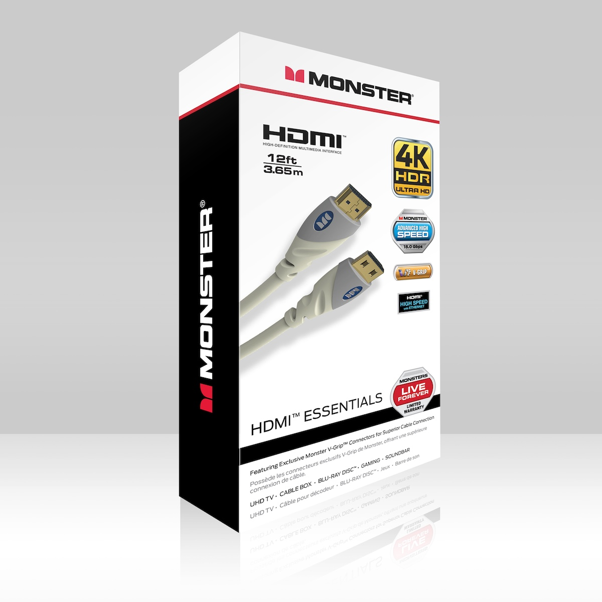 Caja de cable HDMI con texto y cables. Los cables son blancos y la caja es blanca con texto.