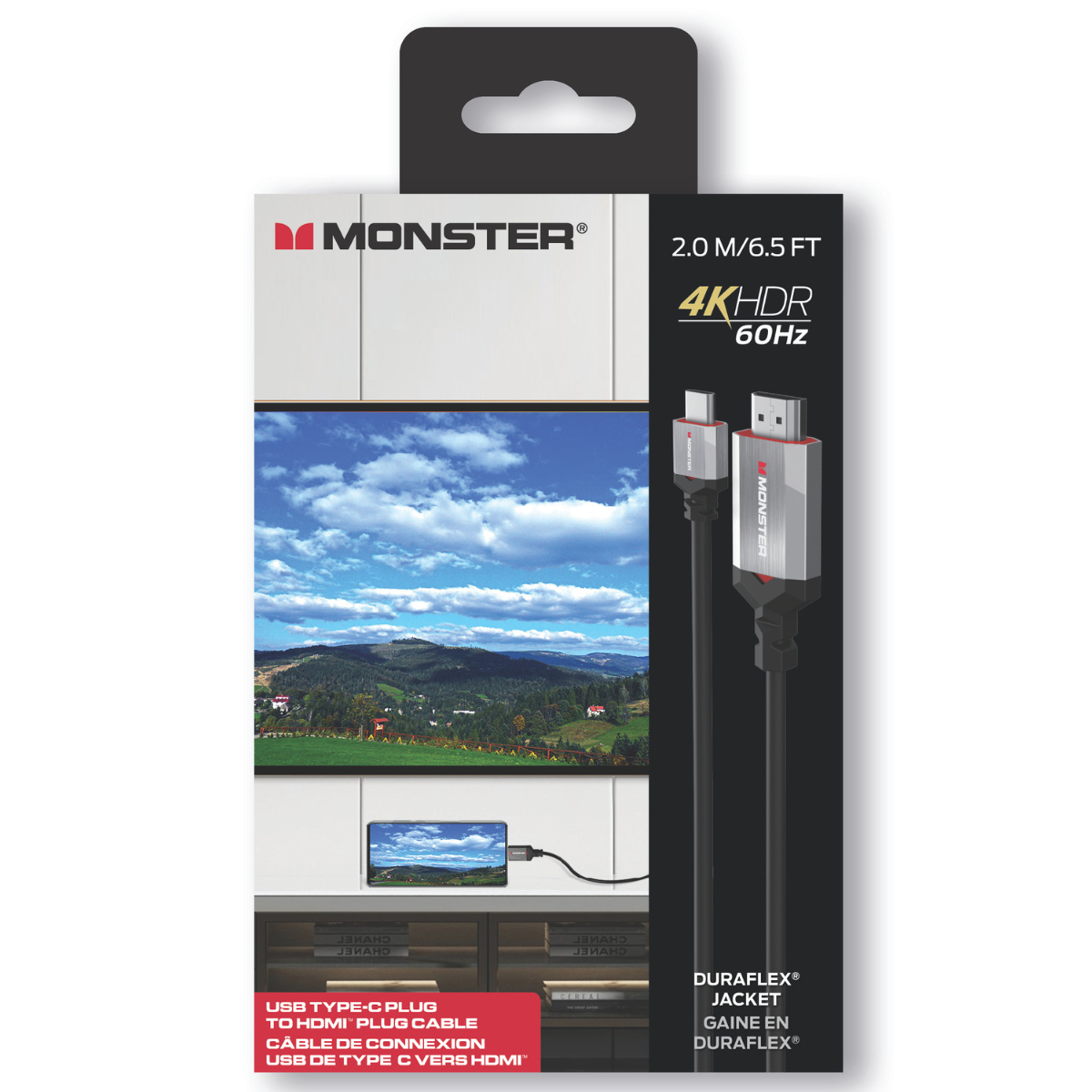 Caja con cable, mostrando una pantalla de TV con paisaje y teléfono.