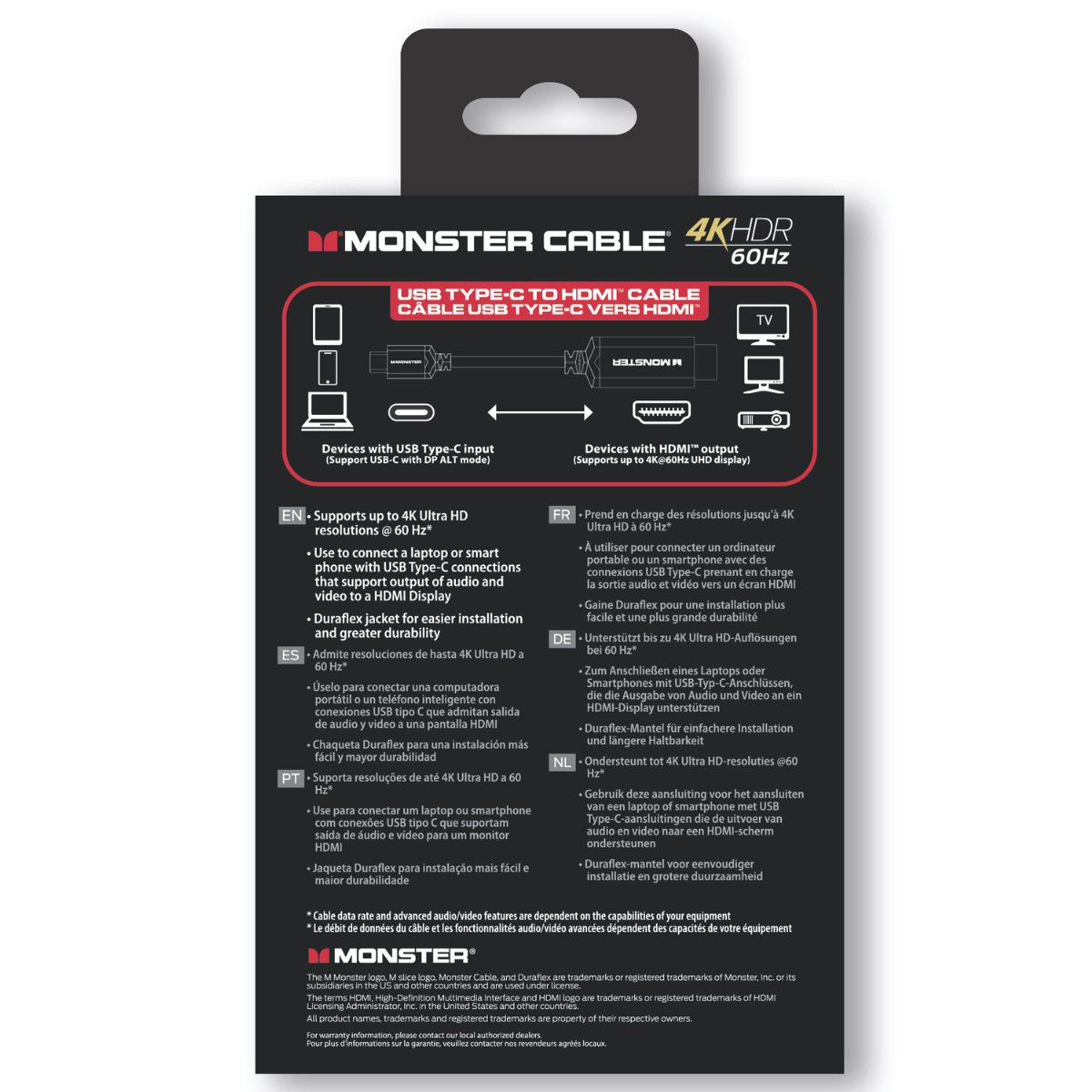 Paquete de cable HDMI Monster Cable. Muestra el cable y sus funciones, como 4K HDR y USB Tipo-C.