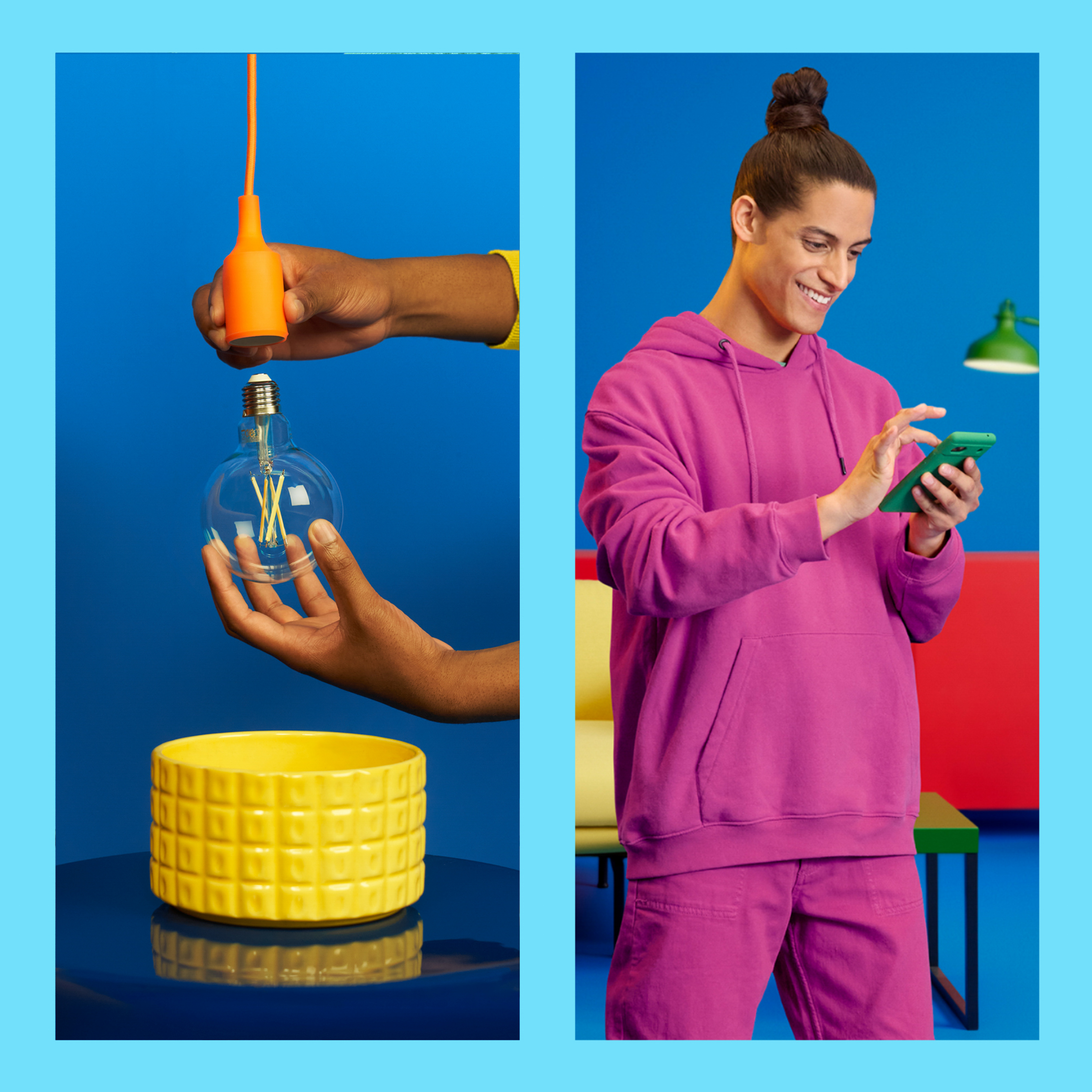 Dwa zdjęcia. Jedno przedstawia dłonie trzymające żarówkę i żółtą miskę. Drugie, mężczyznę z telefonem.