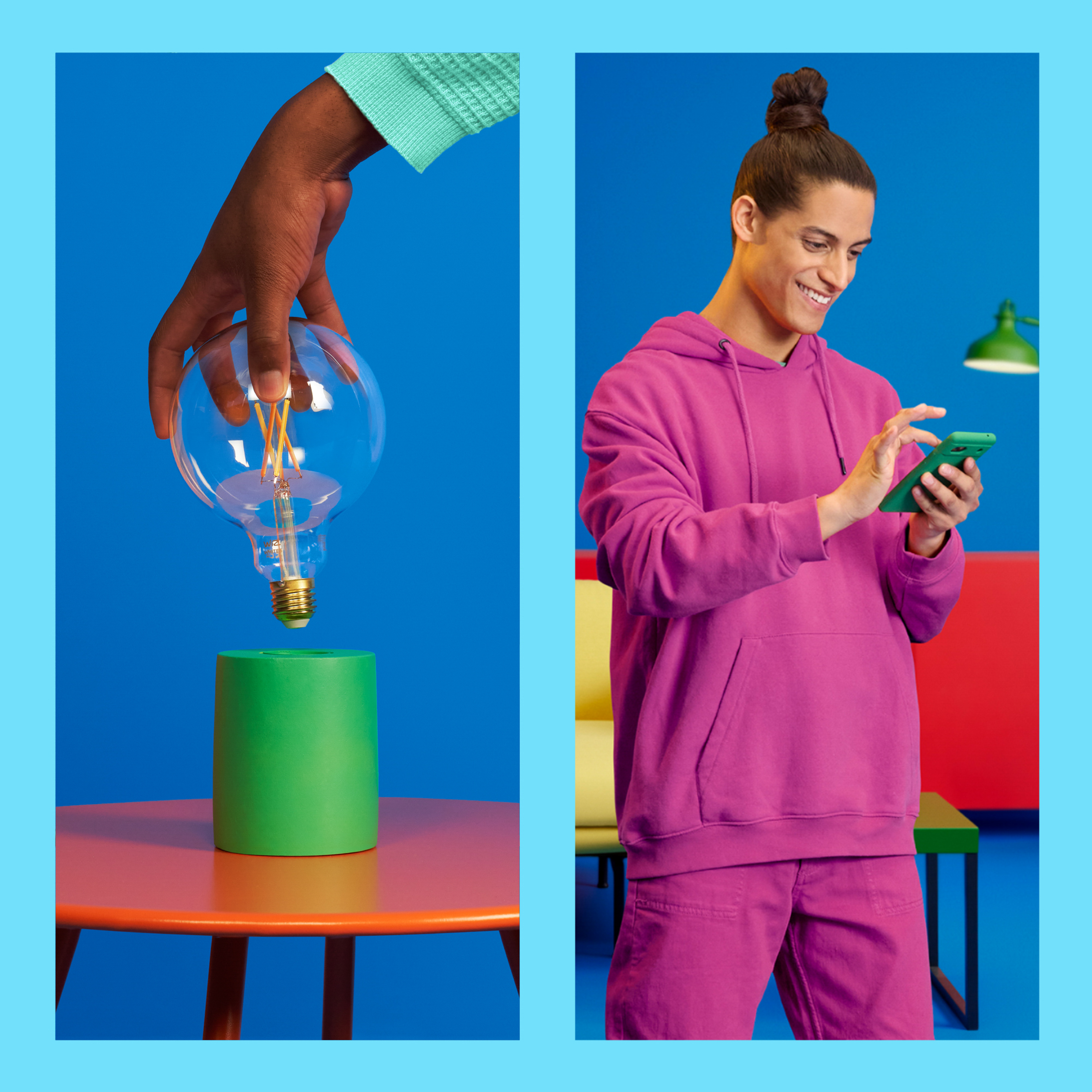 Person holding a lightbulb, green base. Another person with phone, wearing a pink hoodie.
