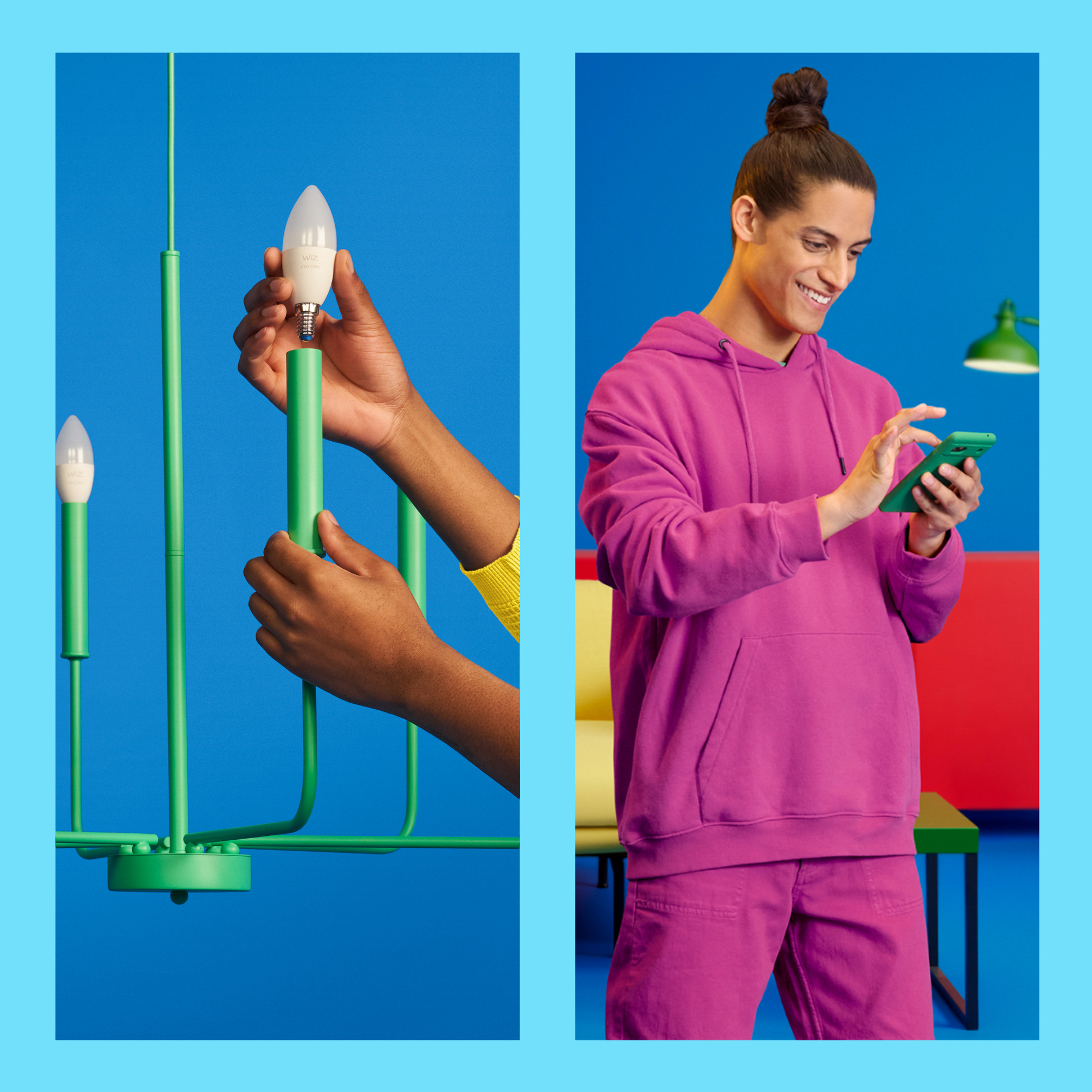 A person installing a lightbulb on a green chandelier. Another person uses a phone, blue background.