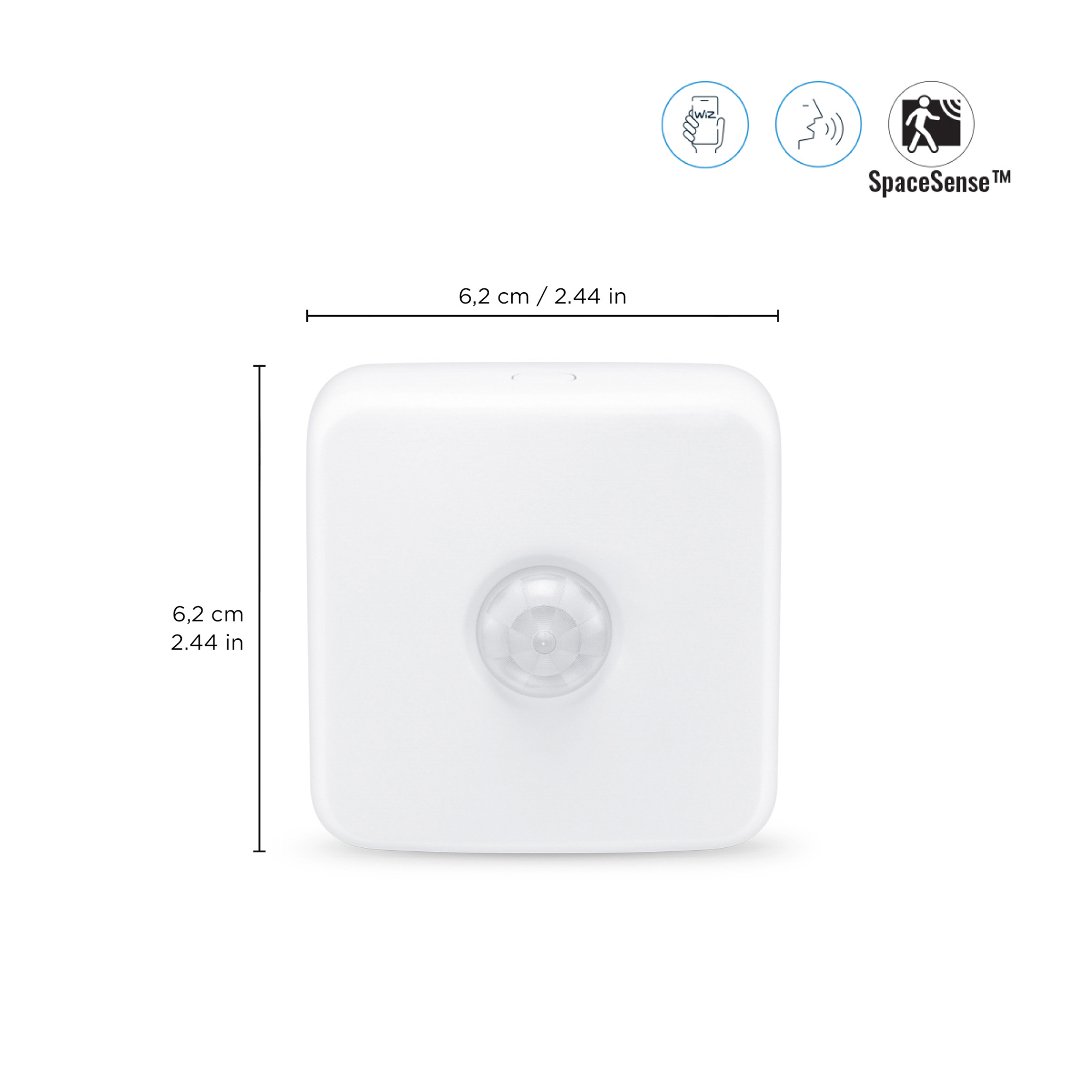 Biały kwadratowy czujnik z okrągłym obiektywem i oznaczeniami rozmiaru. Z logo SpaceSense.