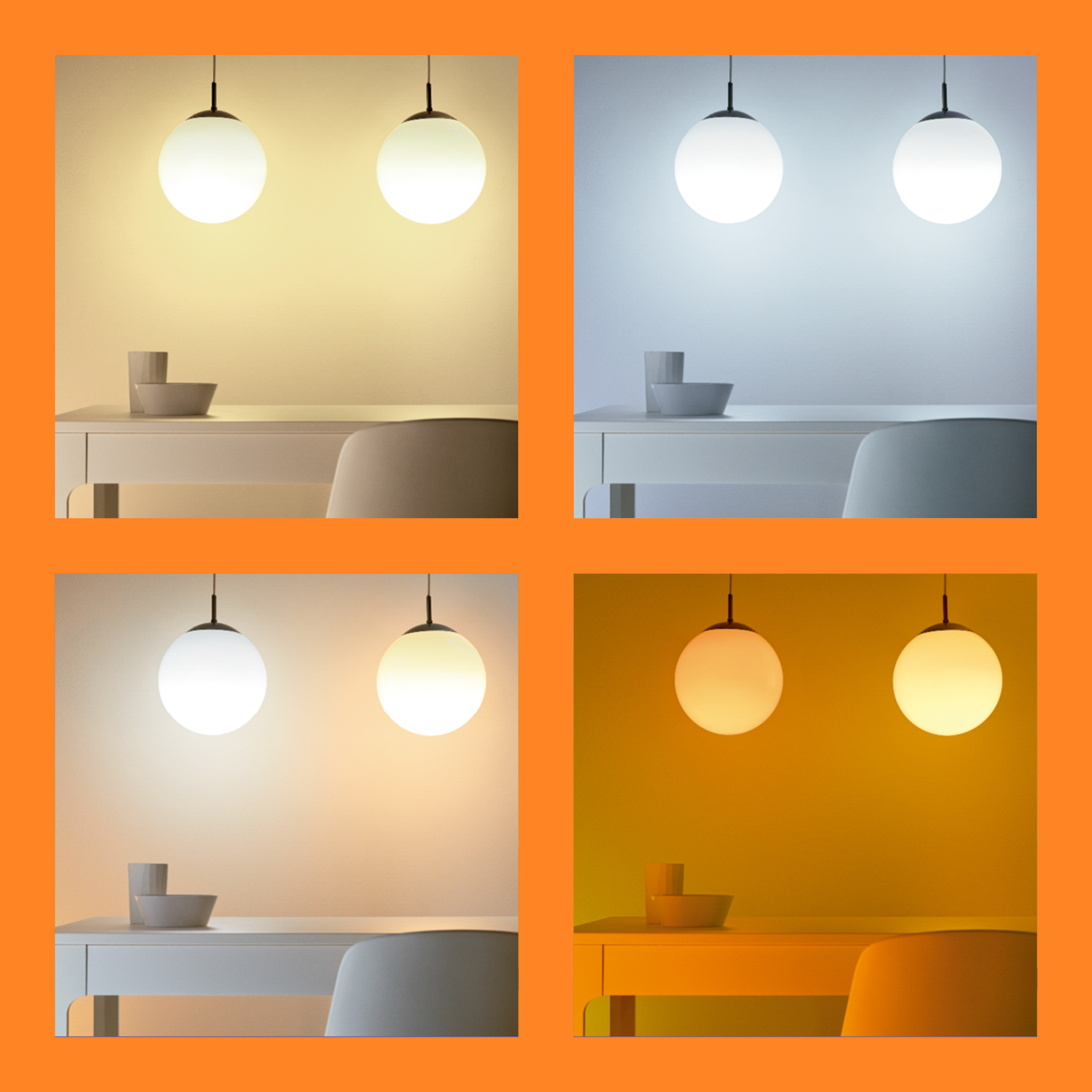 Cztery obrazy lamp wiszących, pokazujące różne temperatury barw. Tło jest białe.