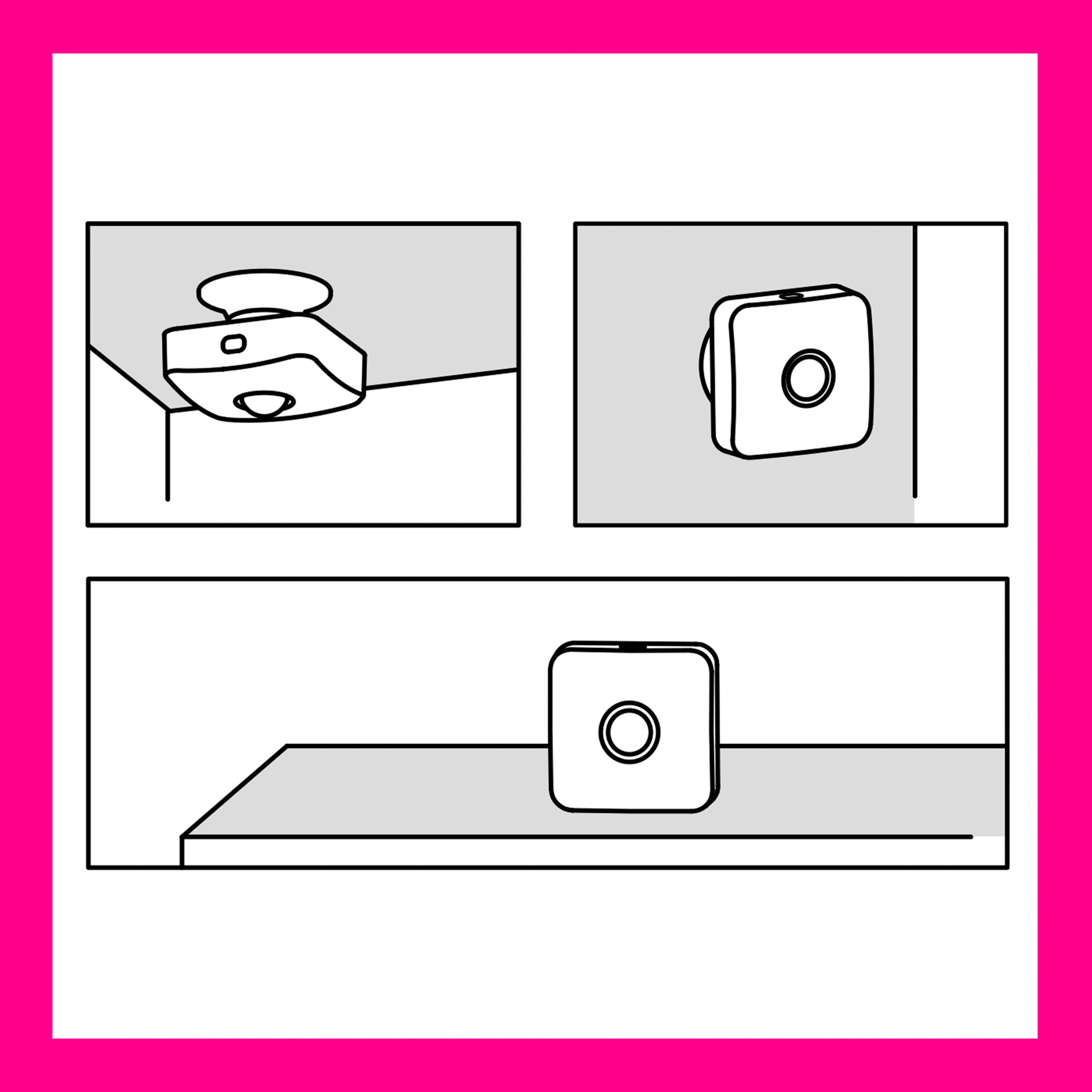 Trzy schematy pokazujące kroki instalacji białego urządzenia, z różową obwódką.