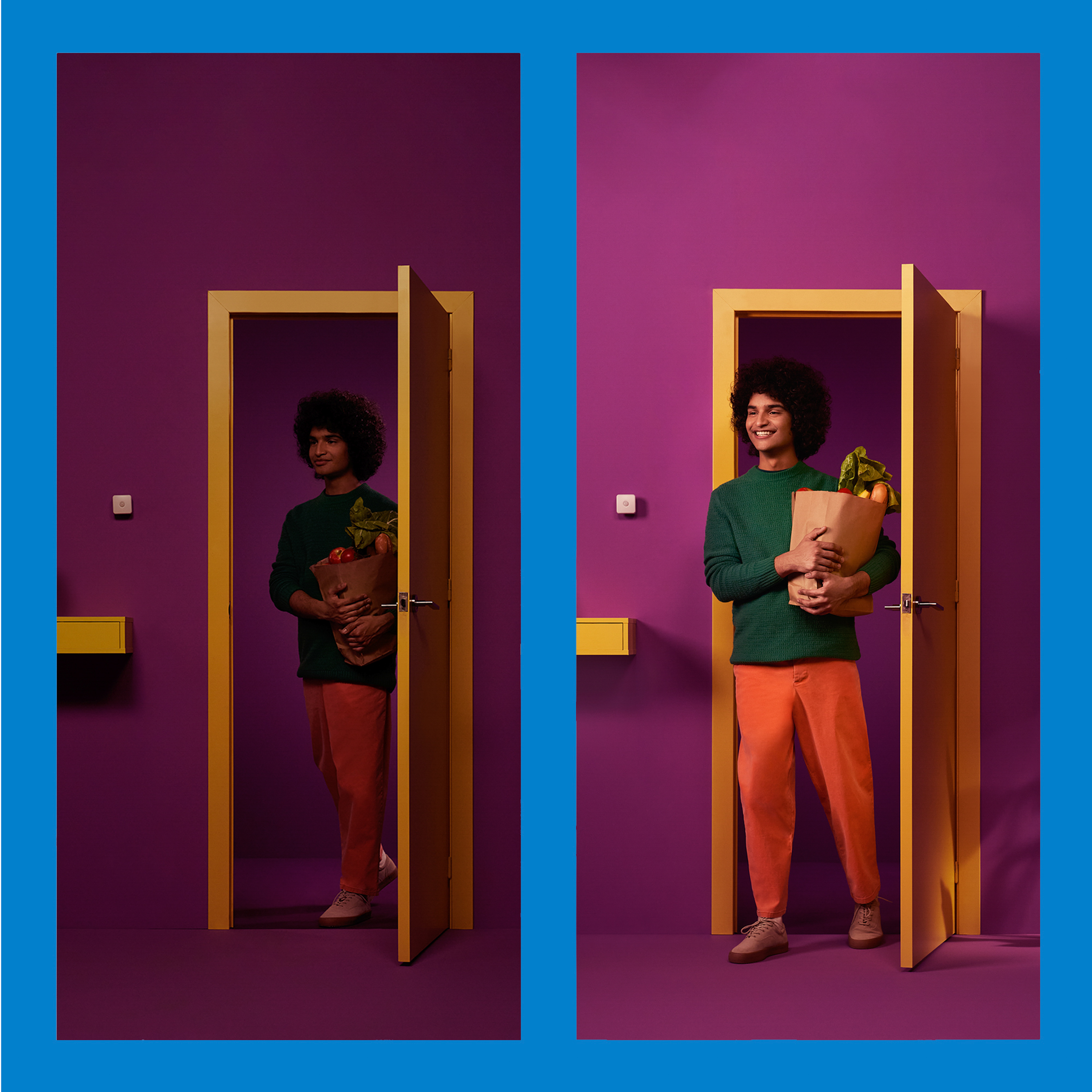 Mężczyzna z zakupami stoi w drzwiach. Tło jest fioletowe, a drzwi brązowe.