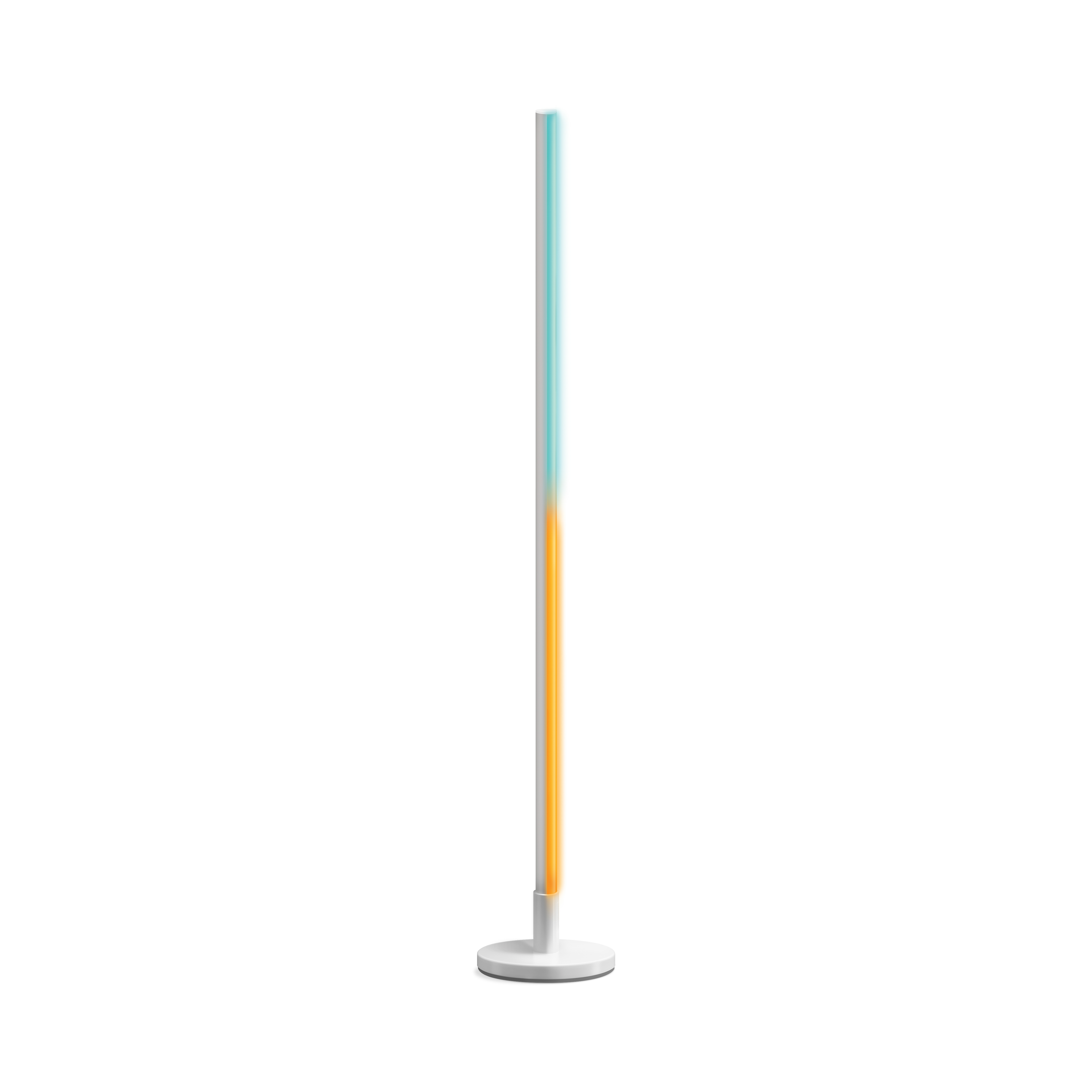 Hoge, witte staande lamp met een verticale, tweekleurige lichtstrip.