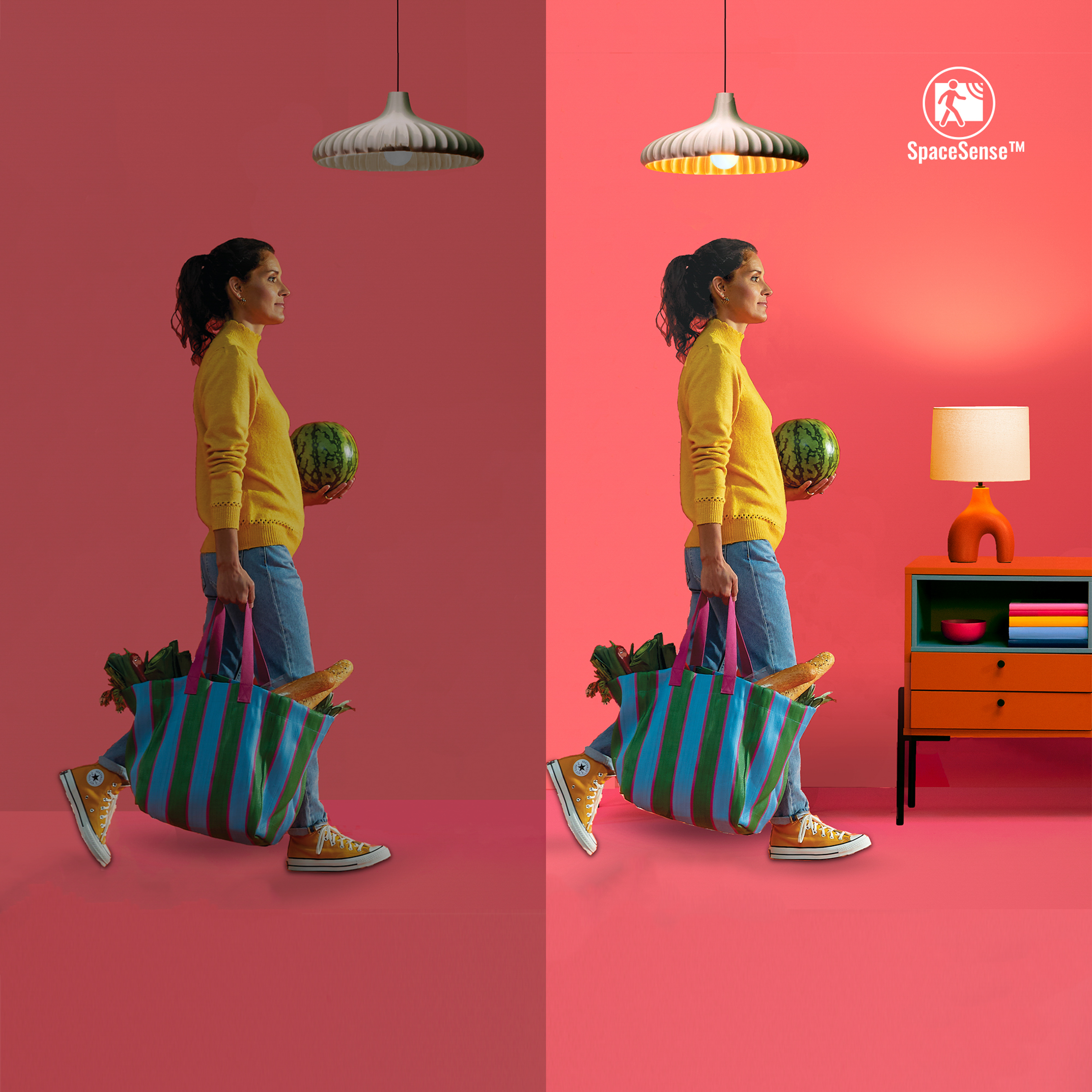 Kobieta idąca z zakupami. Pokazuje dwie sceny, jedną z włączoną i drugą bez lampy.