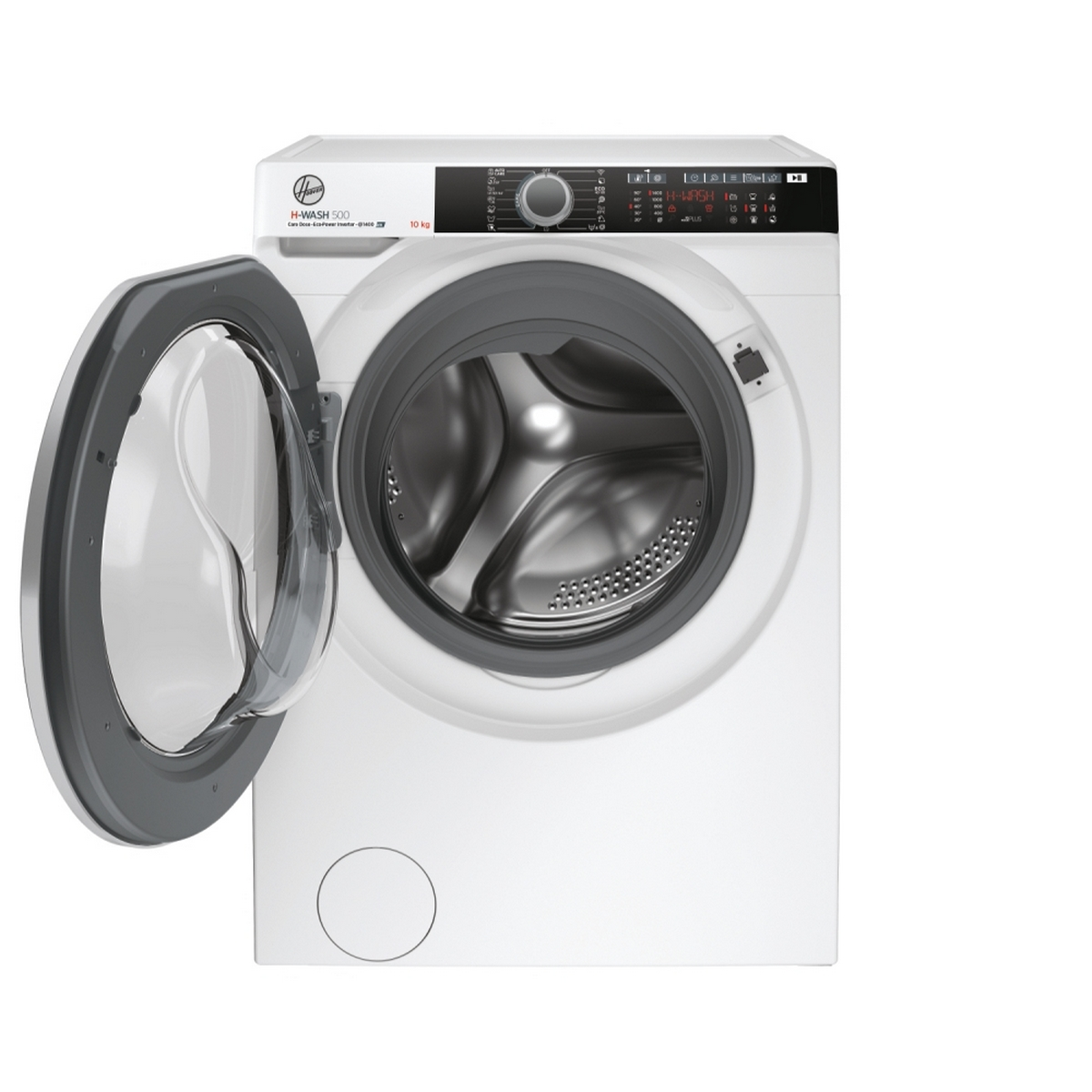 Lavatrice bianca con porta aperta. Dettagli neri e grigi. Hoover H-WASH 500, 10 kg.
