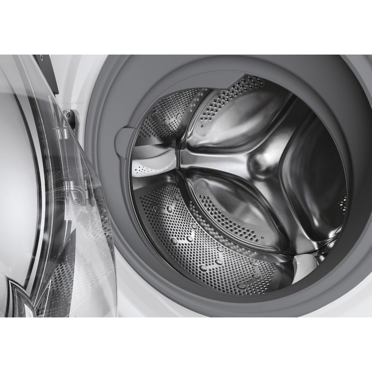 Interno di una lavatrice, la porta è aperta. Il cestello in acciaio inox è visibile con la porta aperta.