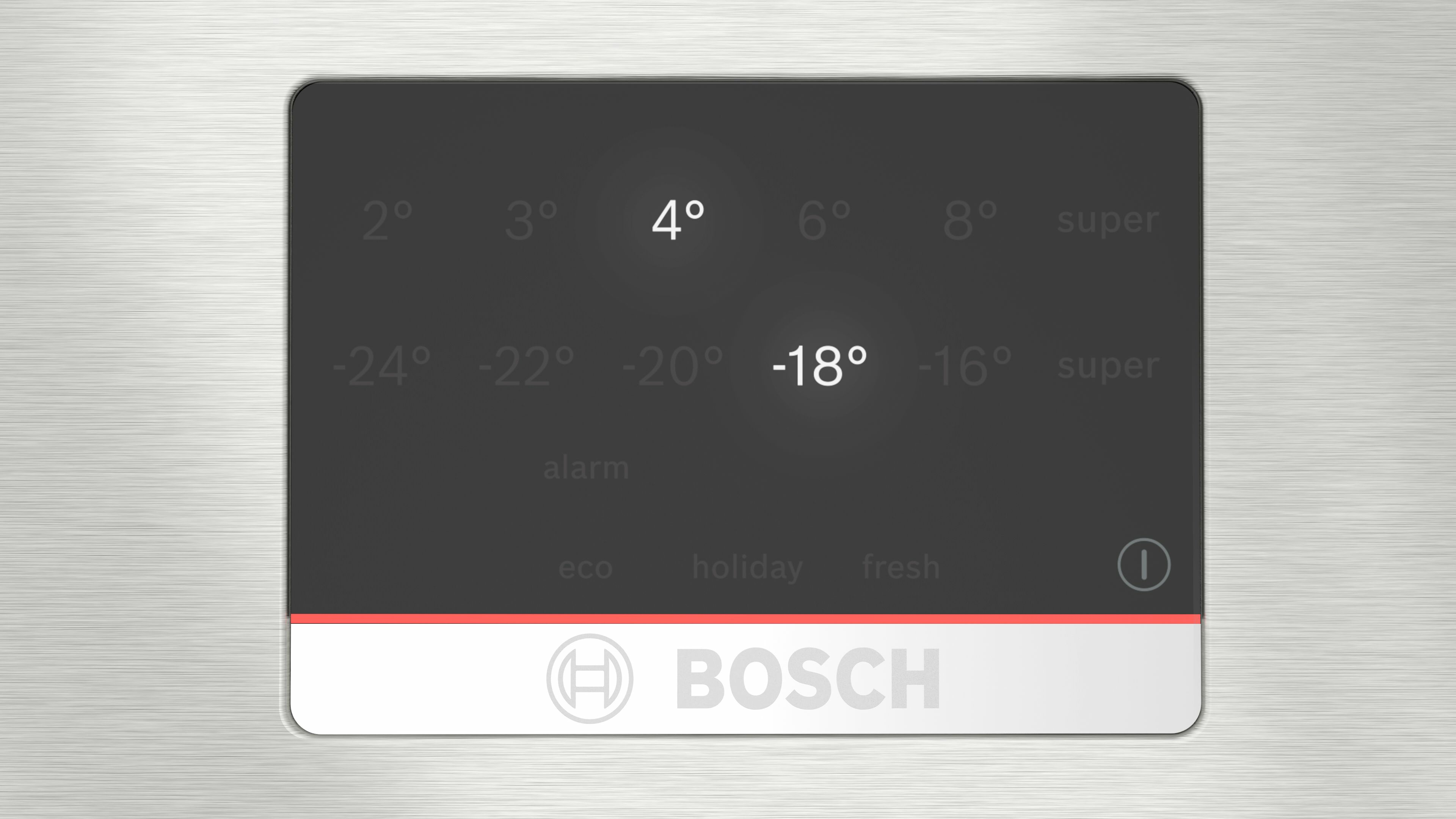 Pantalla del refrigerador. Muestra 4°C y -18°C. La marca es Bosch.