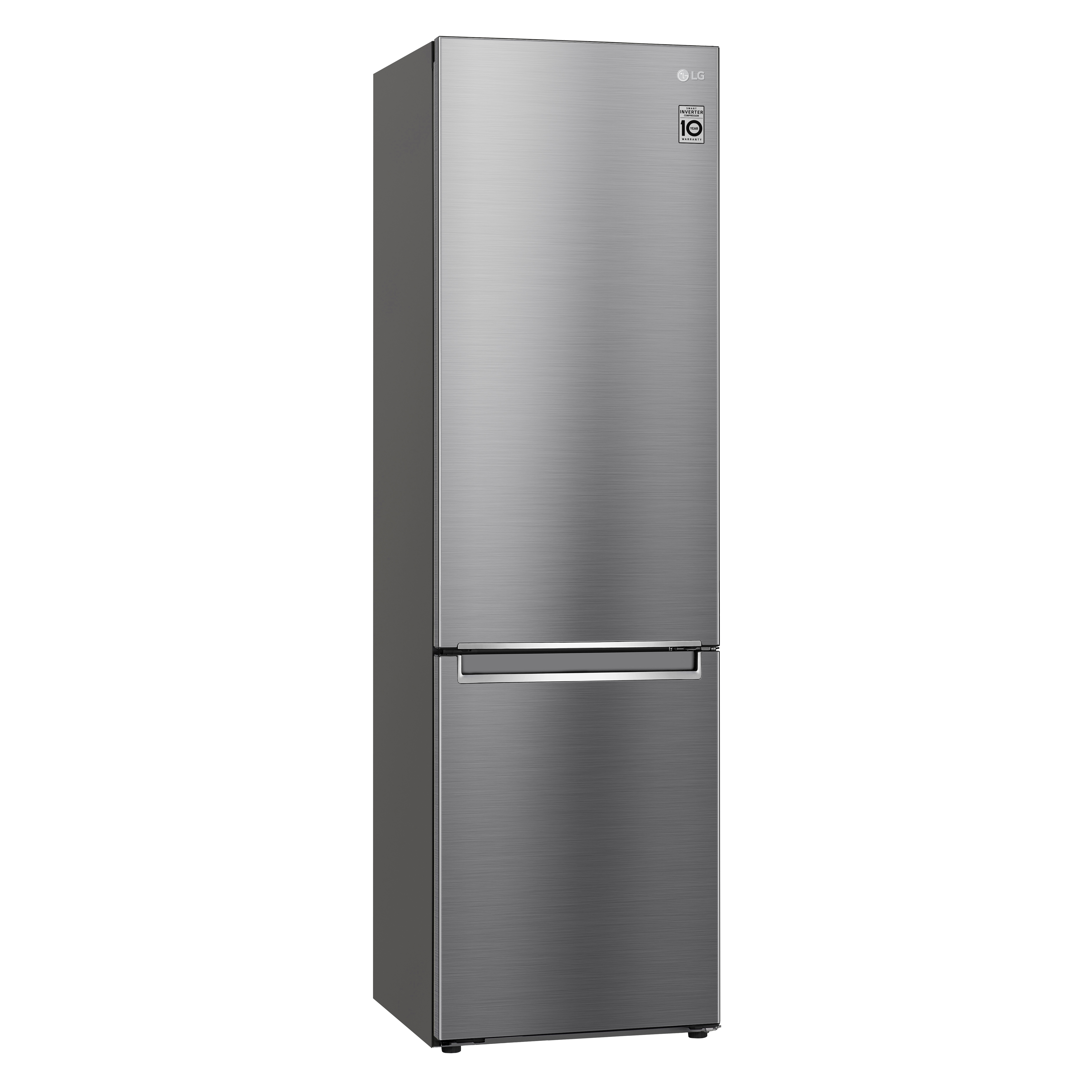 Un frigorifero LG in acciaio inossidabile. Ha un design a due porte con congelatore inferiore.