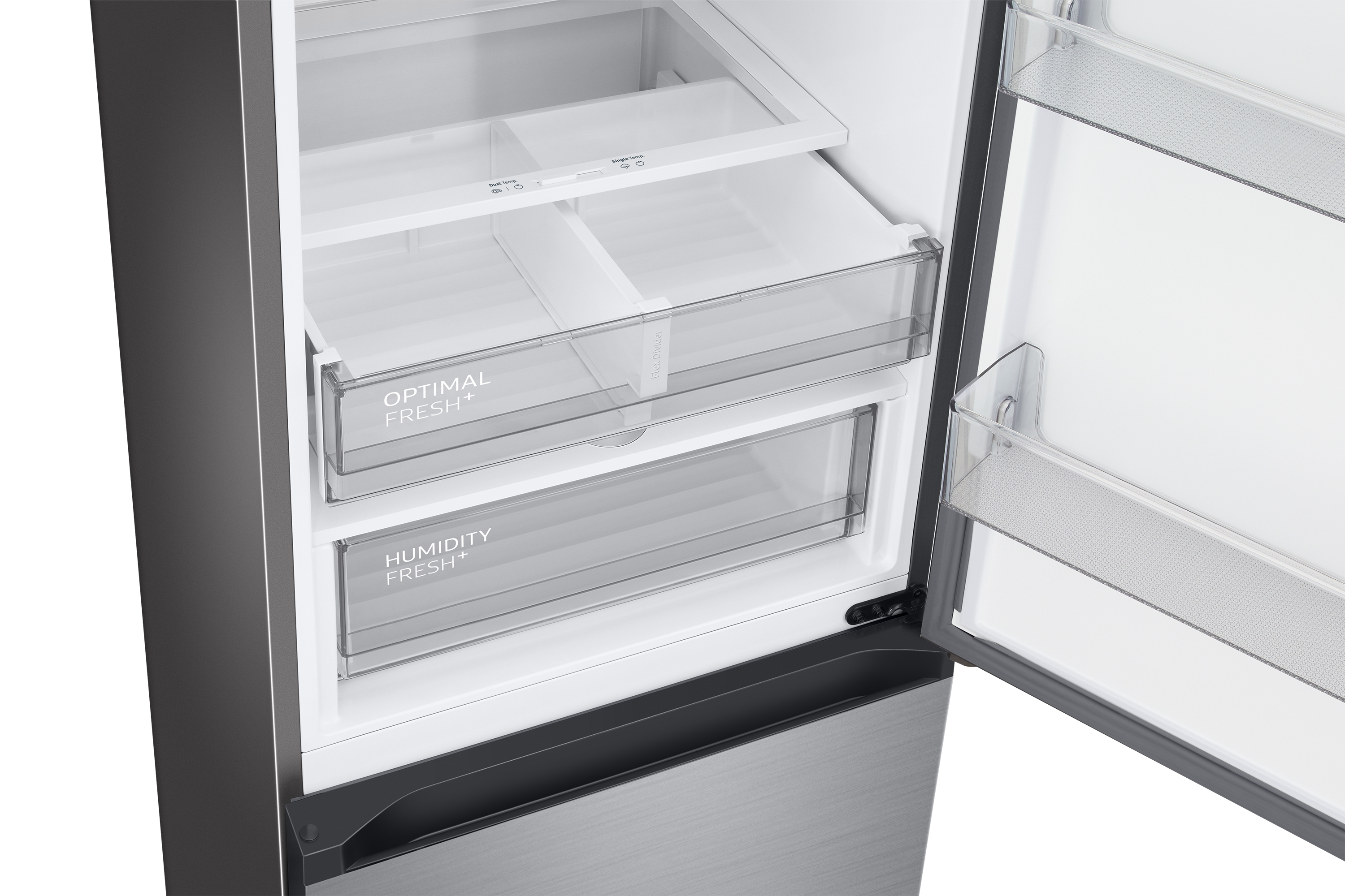 Primer plano del interior de un refrigerador, mostrando cajones de alimentos frescos con etiquetas: Optimal Fresh+ y Humidity Fresh+.