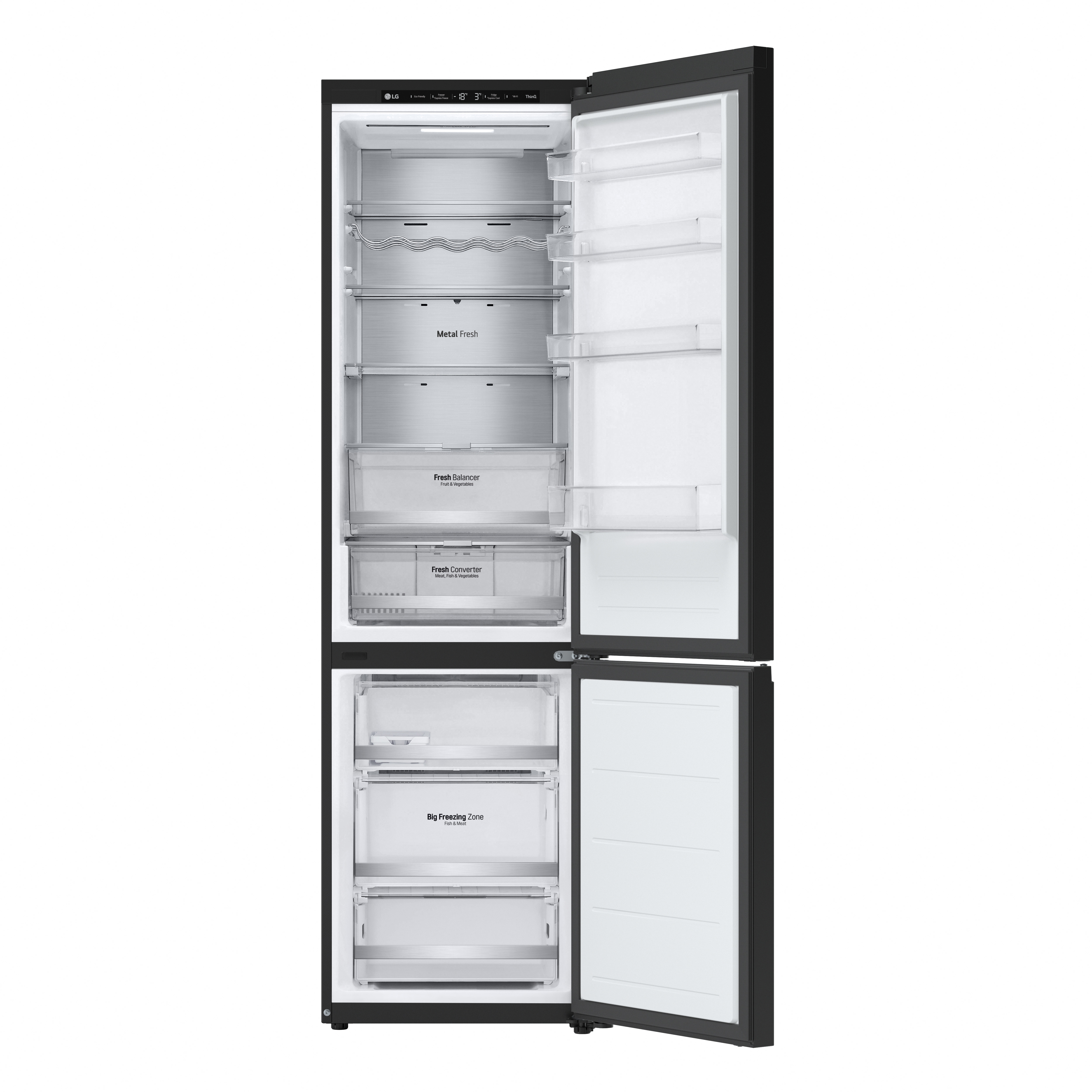 Refrigerador negro abierto con interiores de acero inoxidable. Se ven estantes y cajones.