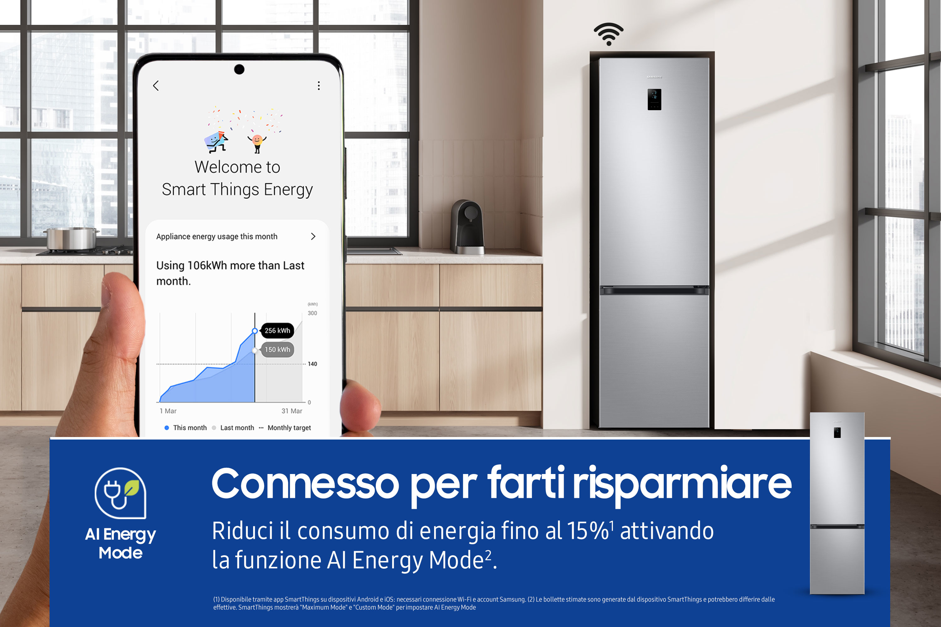 Mano sosteniendo teléfono con consumo energético, junto a nevera. Texto italiano.
