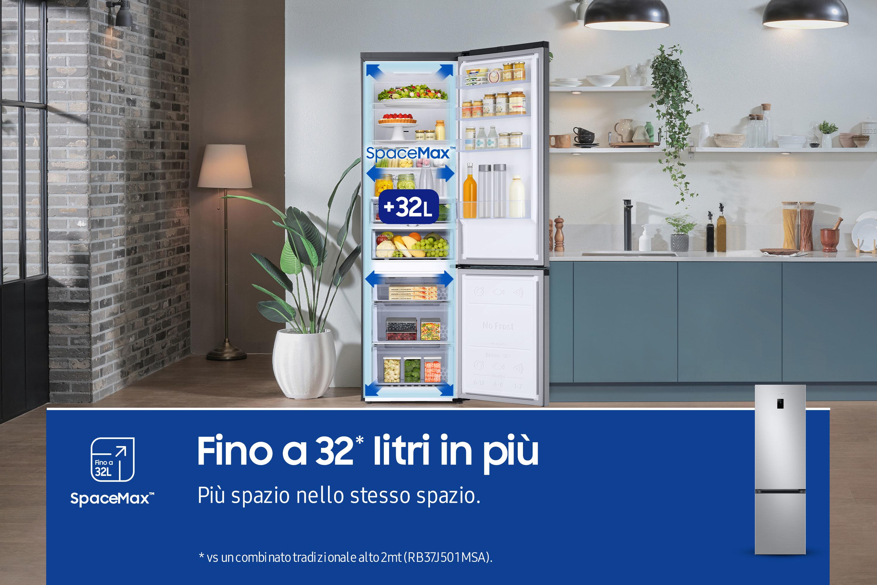 Un refrigerador moderno con puertas abiertas, lleno de comida, en un entorno de cocina. Superposición de texto indica espacio extra.