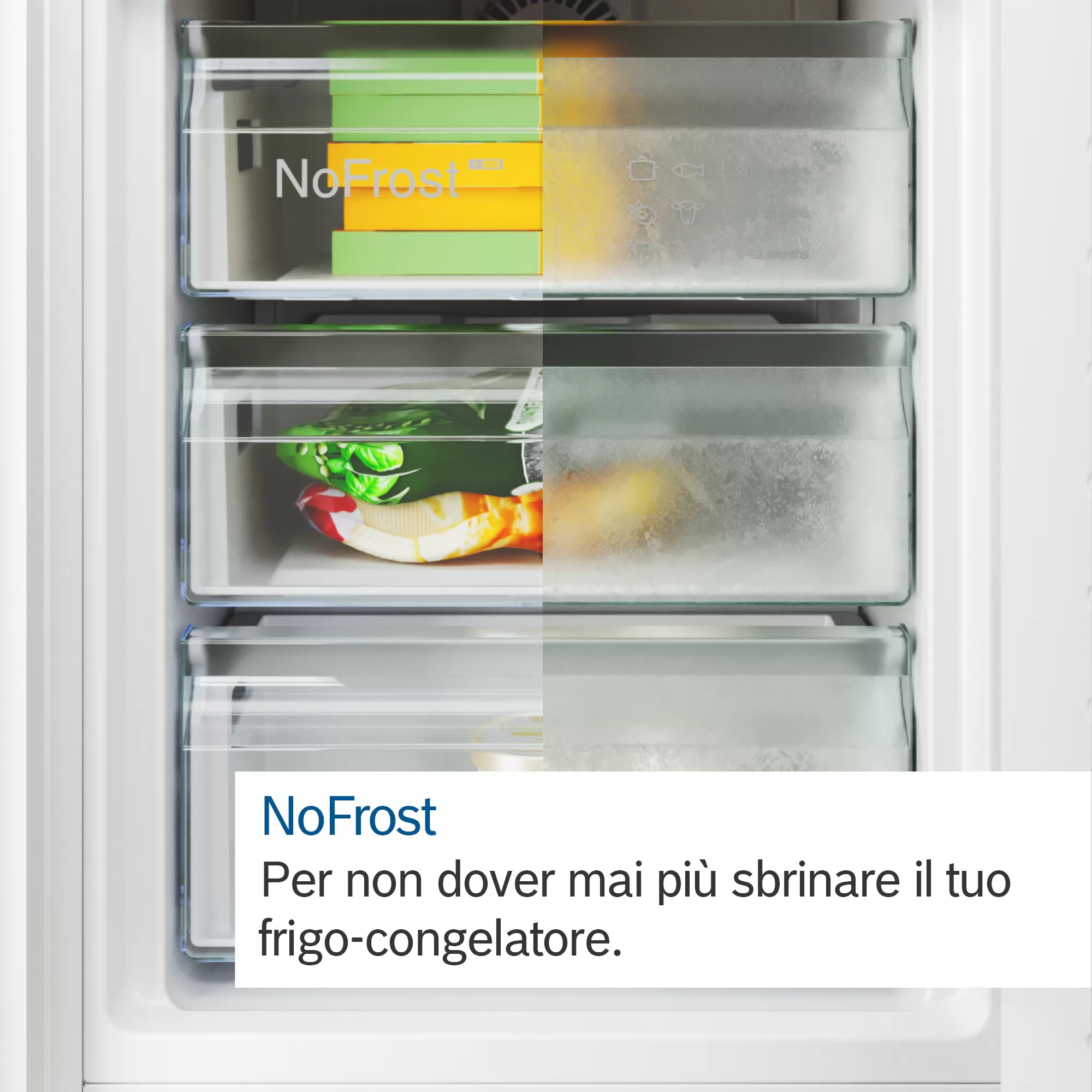 Gefrierfach mit Schubladen. Text: NoFrost, nie wieder Ihren Gefrierschrank abtauen.