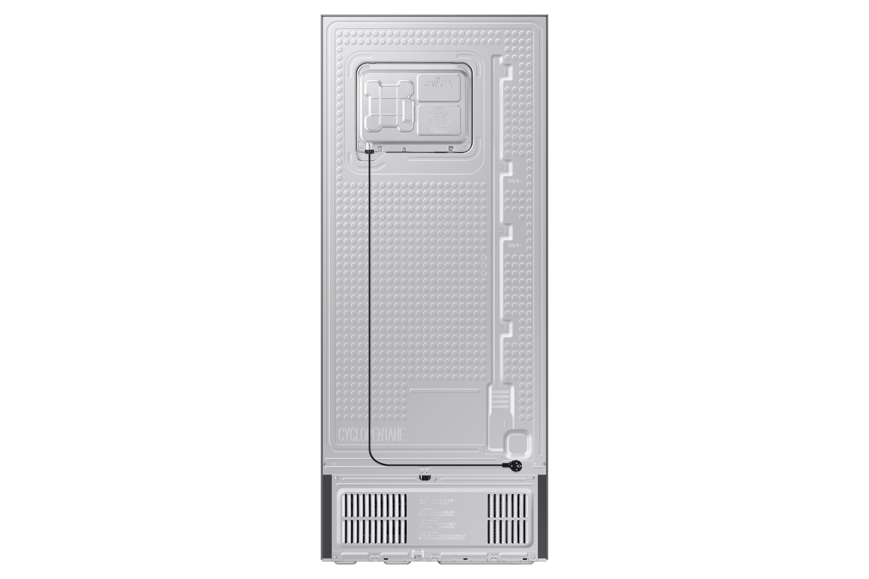 La parte trasera de un refrigerador, que muestra el compresor, varios componentes y un cable de alimentación.
