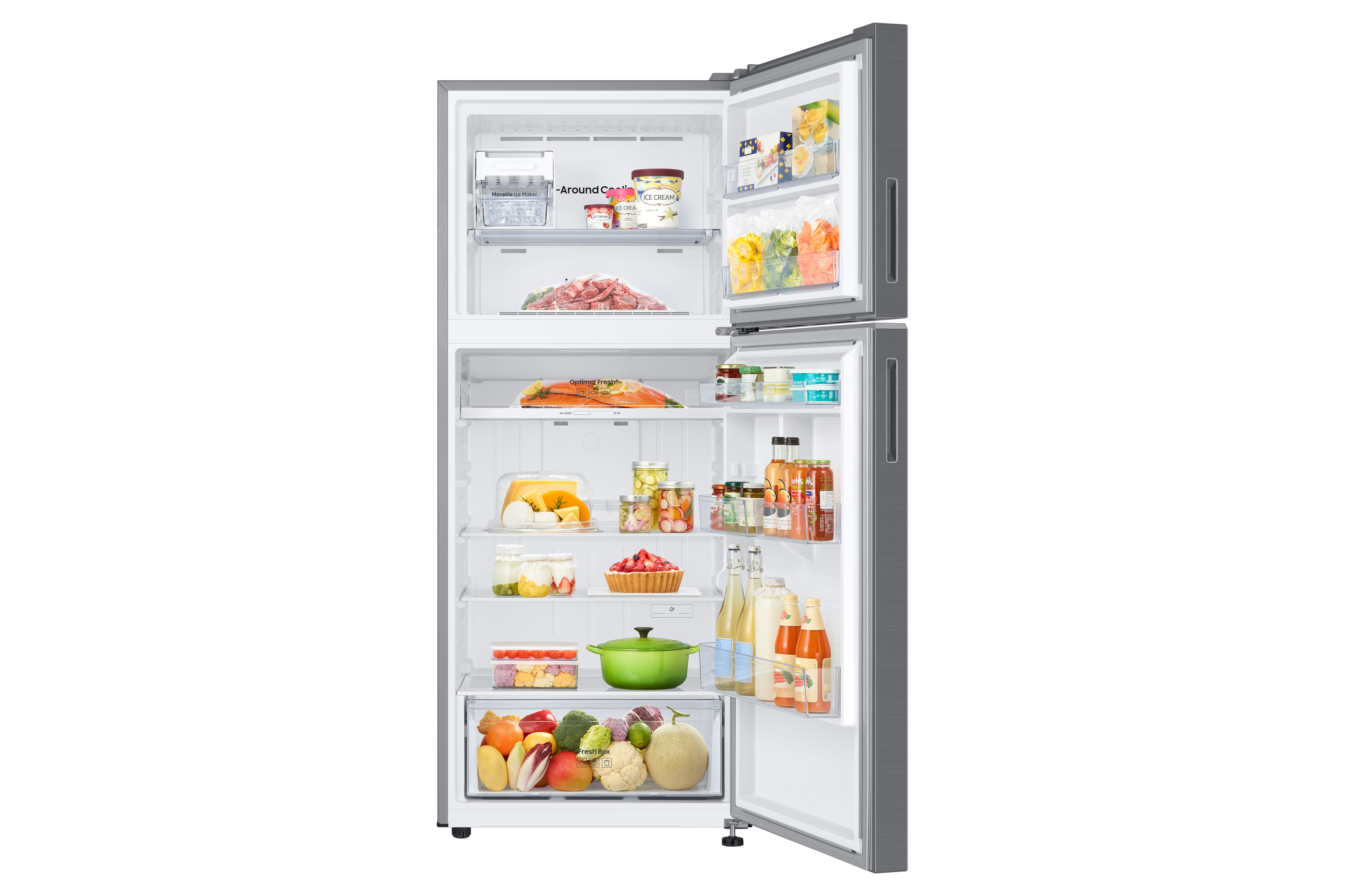 Un frigorífico Samsung con puertas abiertas, lleno de alimentos, tiene un congelador y un compartimento para nevera.