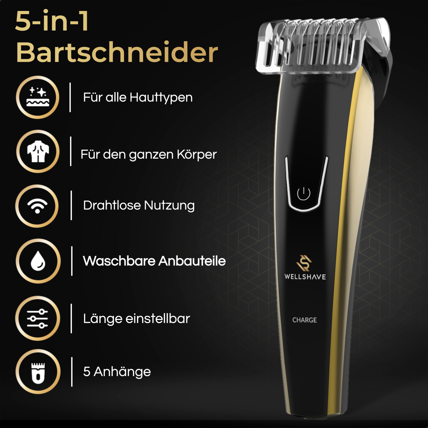 Schwarzer und goldener Barttrimmer mit Aufsätzen, Produktinfo und Icons auf schwarzem Grund.