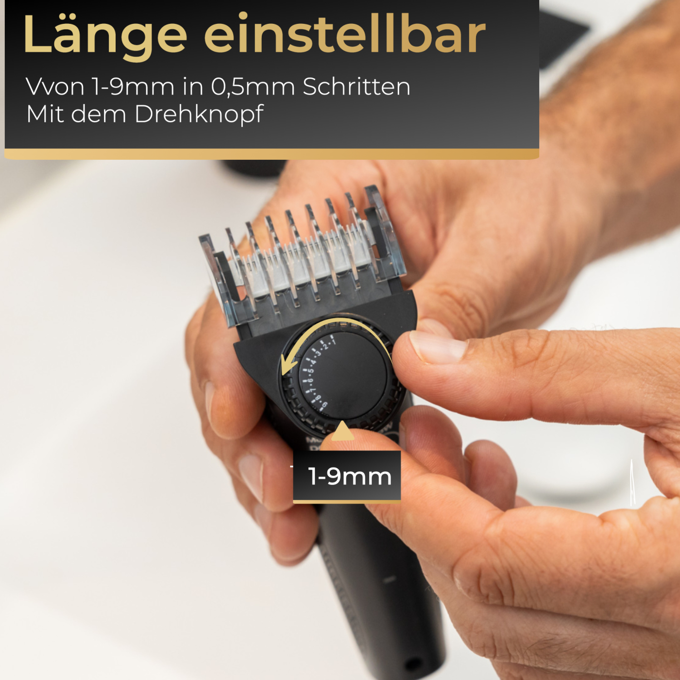 Hände, die einen Haarschneider einstellen, mit einem Drehknopf von 1-9mm.