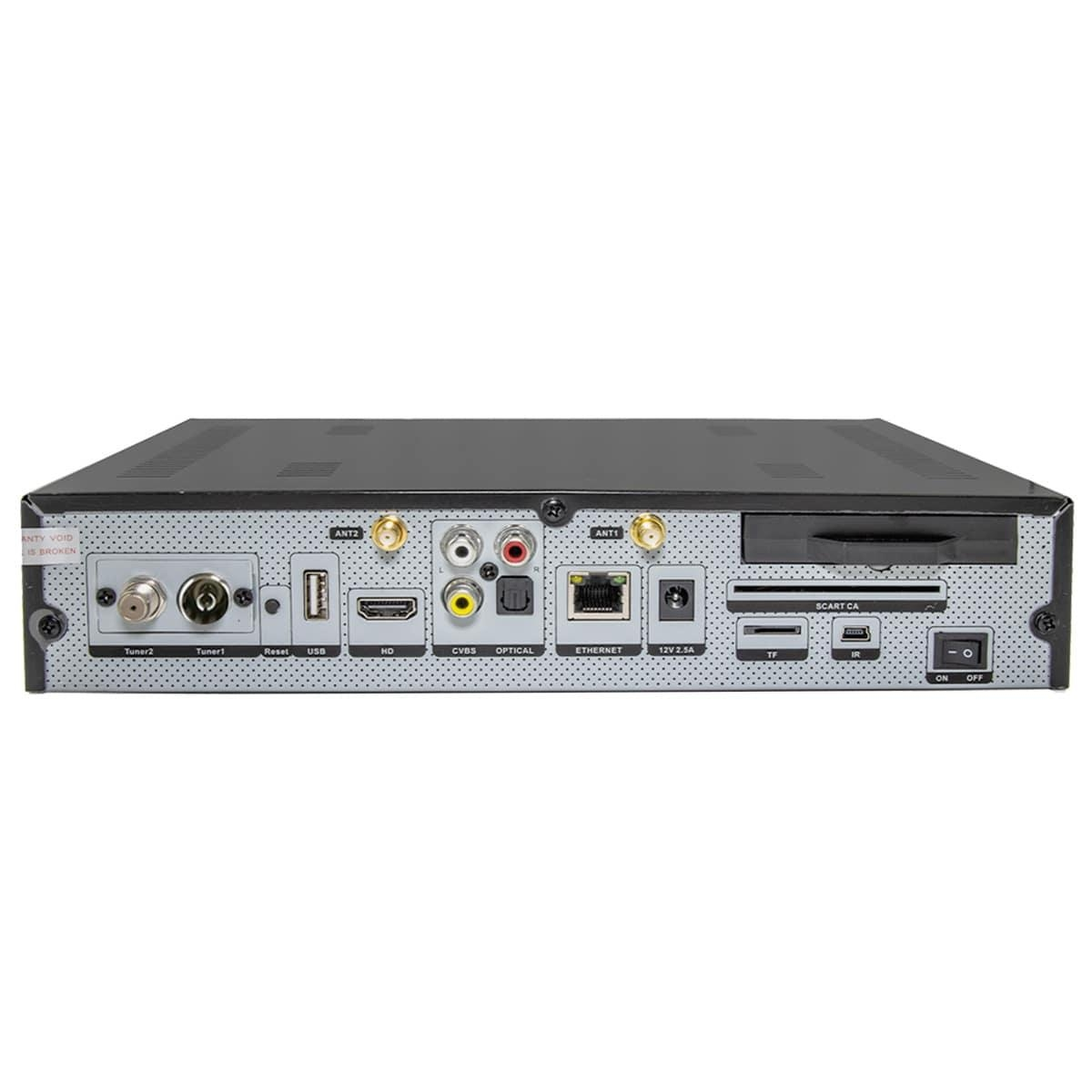 Rückseite eines schwarzen Geräts. Anschlüsse mit ANT, USB, HDMI und Ethernet beschriftet.