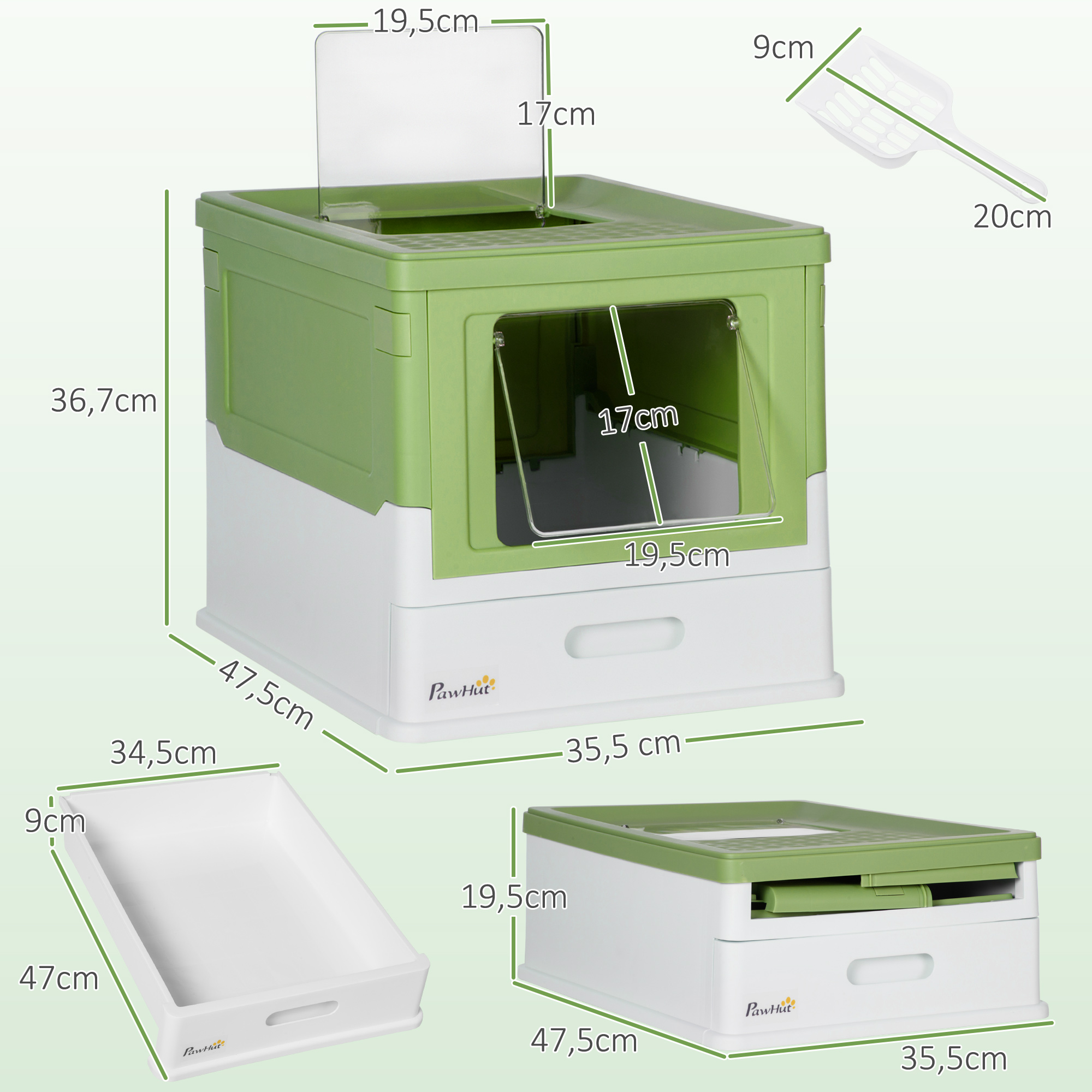 Arenero para gatos, verde y blanco. Dimensiones en cm indicadas. Incluye pala. Diseño plegable.