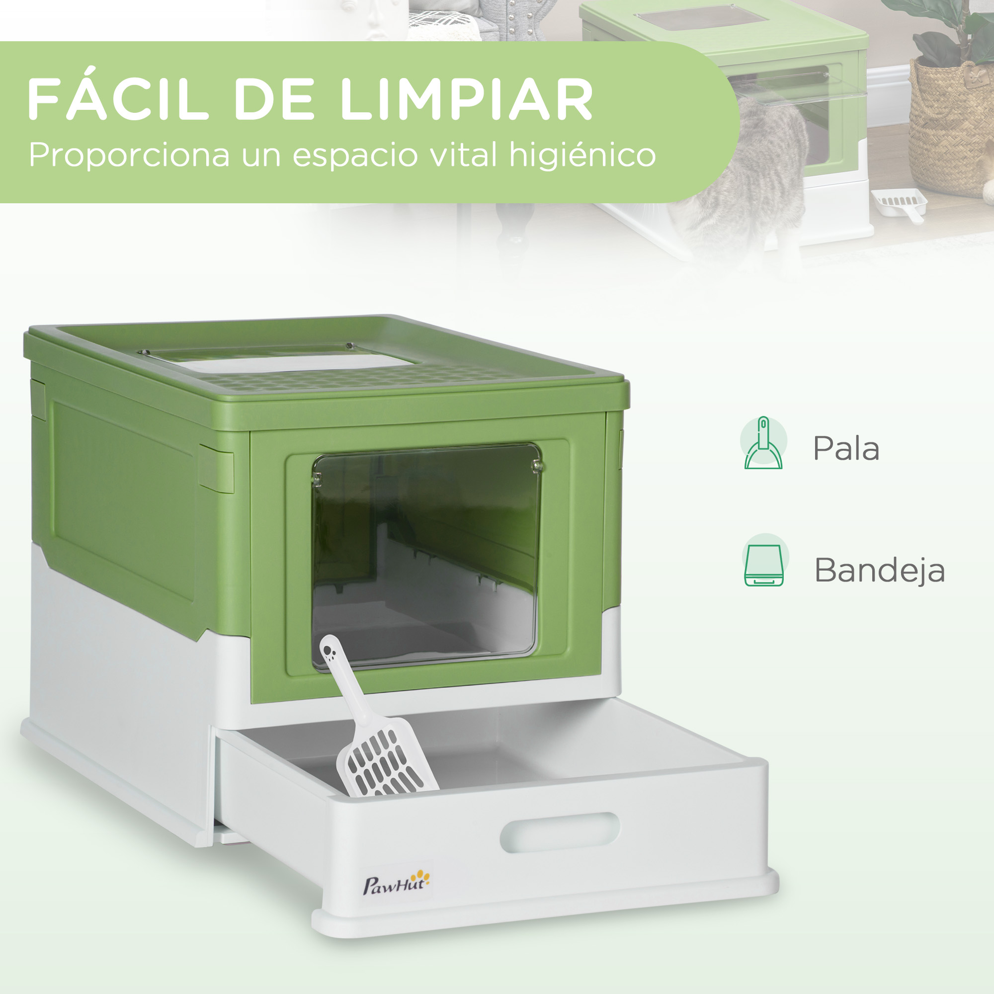 Arenero verde y blanco con pala y bandeja visibles, diseño limpio.