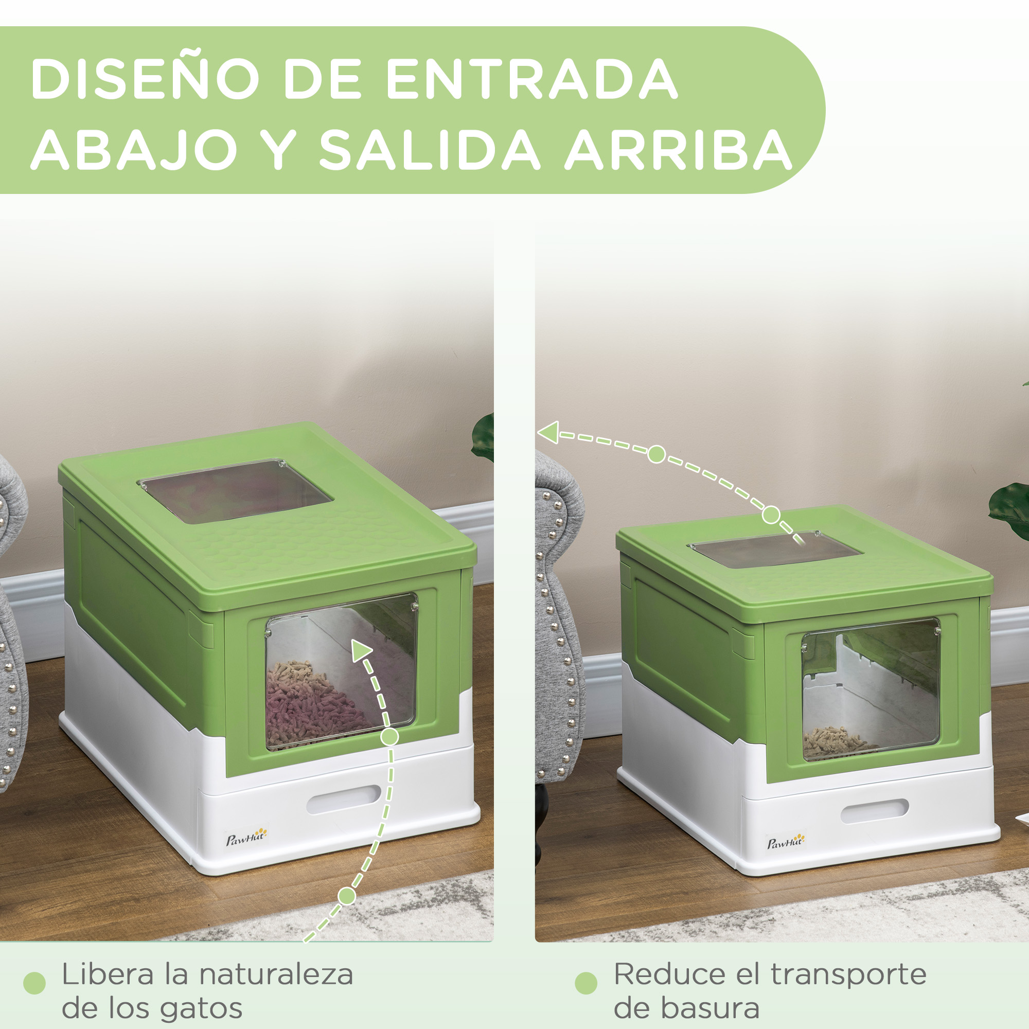 Dos areneros para gatos, tapa verde y base blanca. Texto dice: entrar abajo, salir arriba.