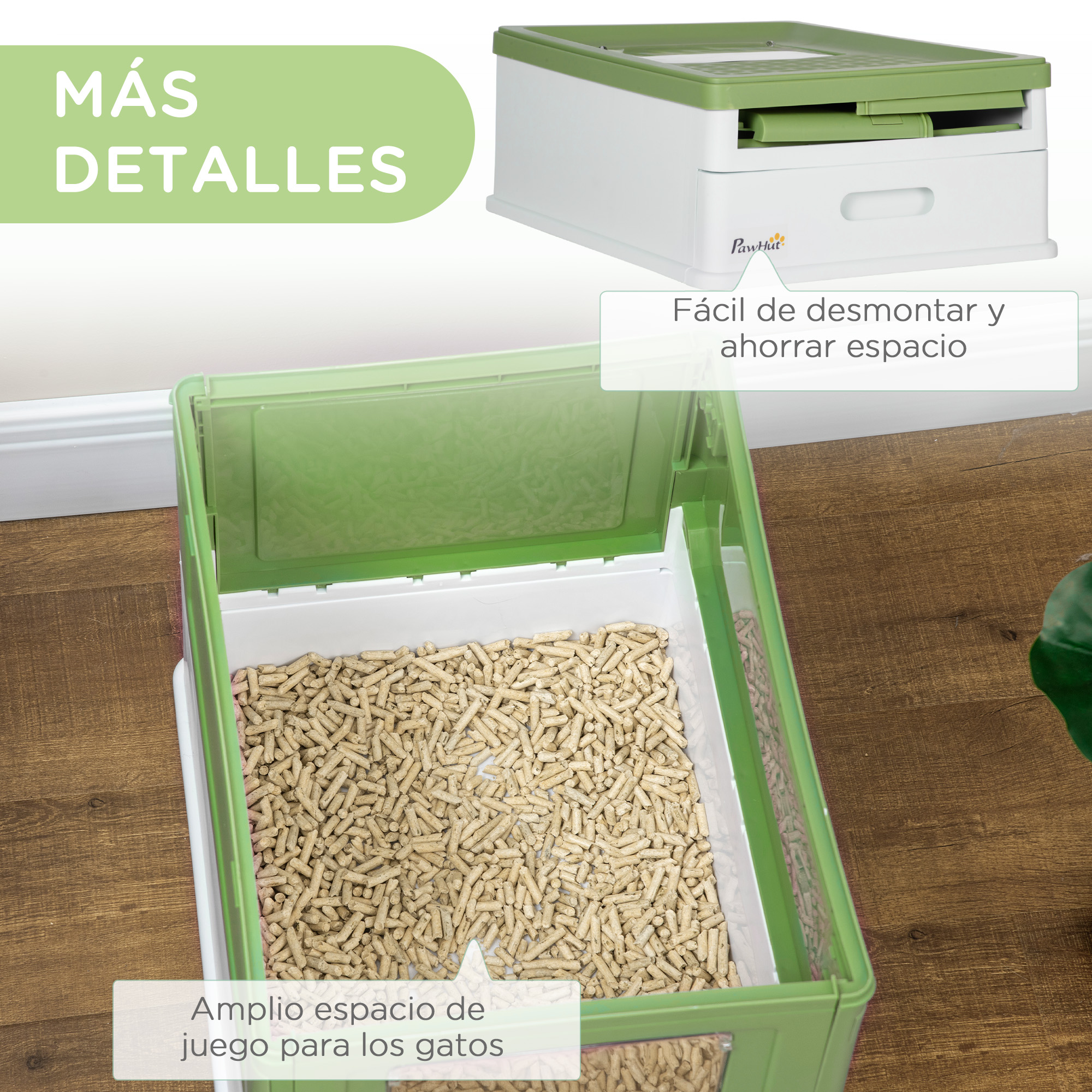 Arenero verde y blanco con arena y tapa verde.