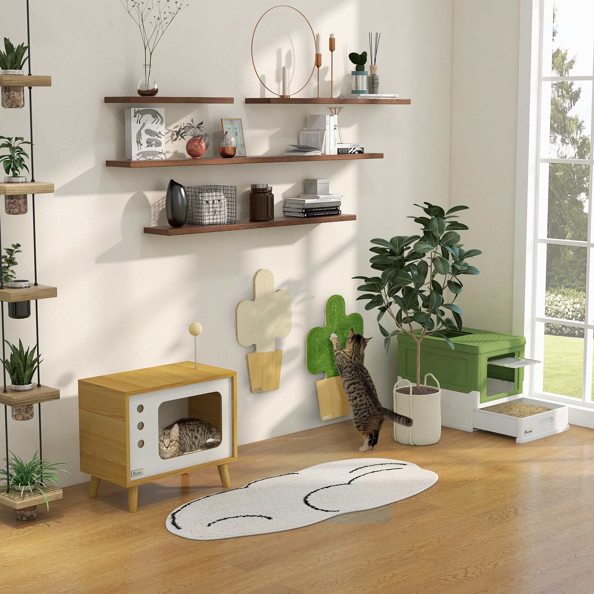 Habitación con estanterías, casa para gatos, gato jugando y objetos decorativos. Incluye una alfombra blanca.
