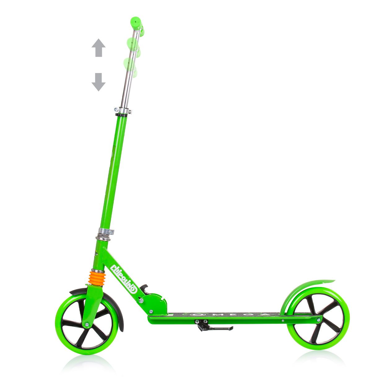 Ein grüner Roller mit verstellbarer Höhe, der Auf- und Abwärtspfeile zeigt.