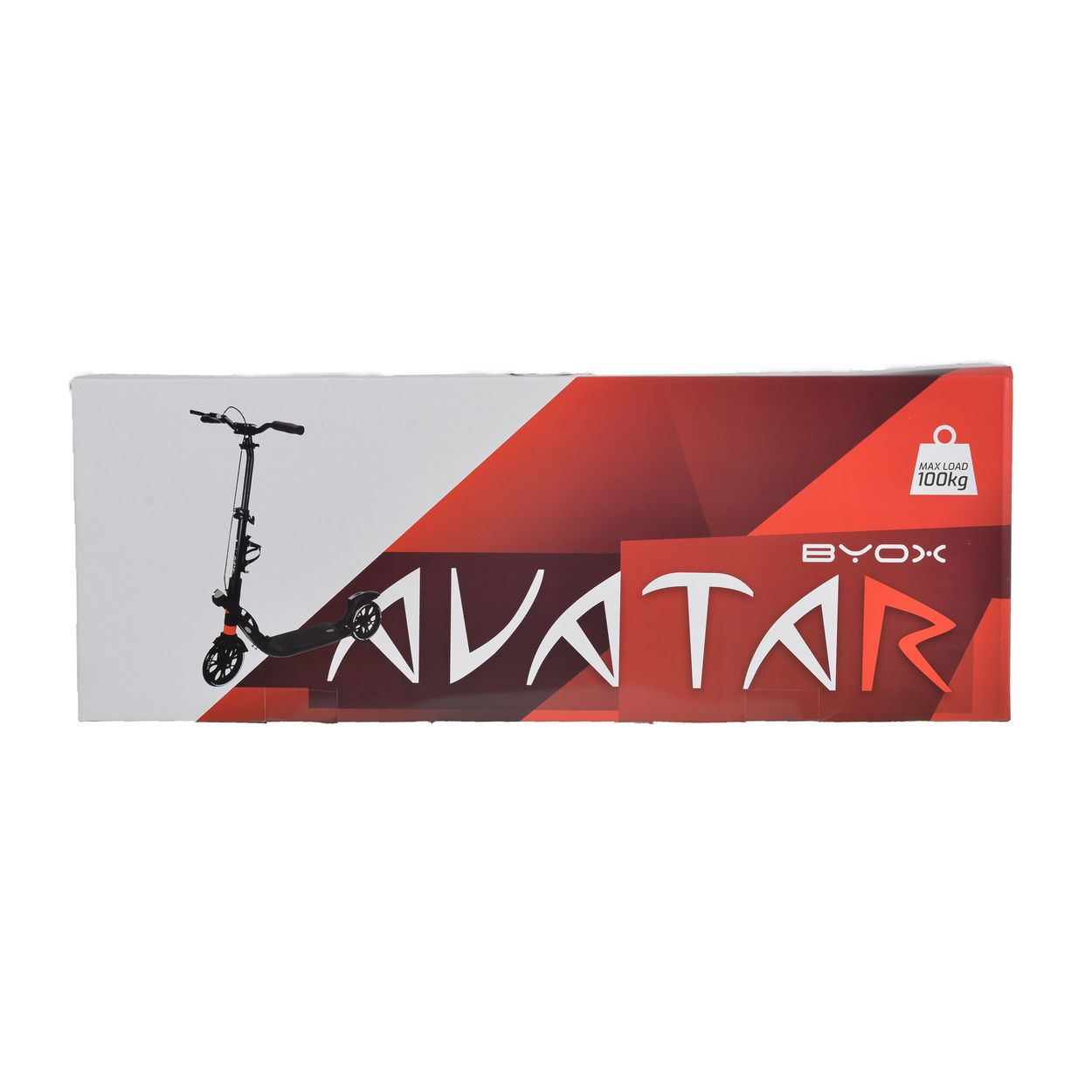 Ein Rollerkarton. Die Box hat eine Rollerillustration und das Wort AVATAR. Text: MAX. BELASTUNG 100 kg.