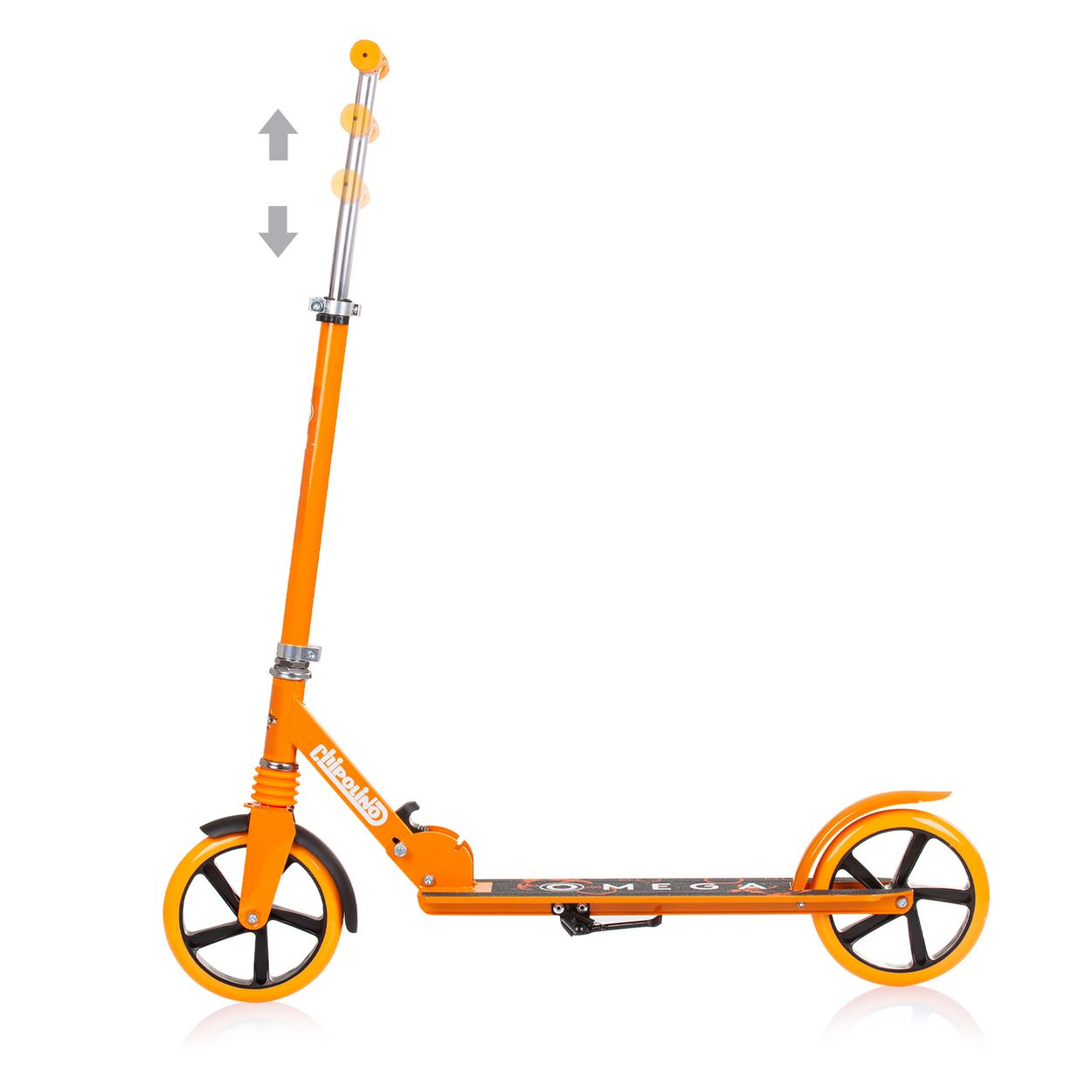 Patinete naranja con ruedas negras. Las flechas indican altura ajustable.
