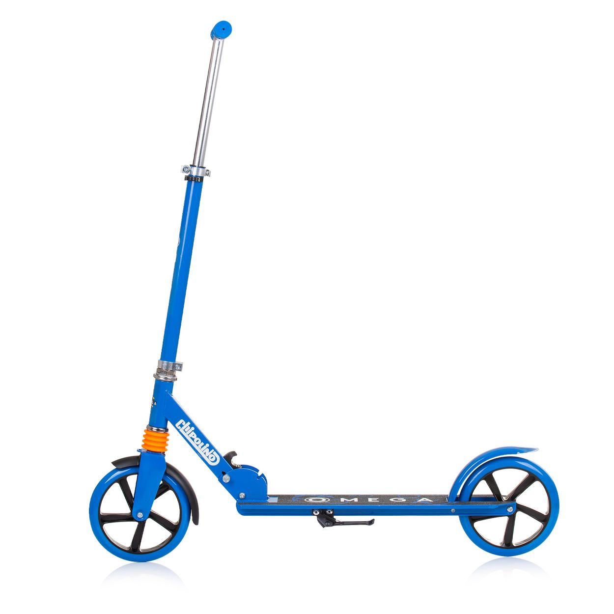 Blauer Roller, Seitenansicht, mit schwarzen Rädern und einem silbernen Lenker.