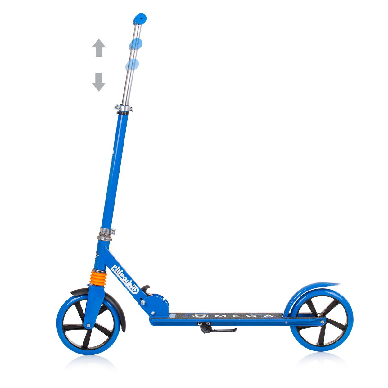 Blauer Roller mit schwarzen Rädern. Pfeile zeigen die Höhenverstellung an.